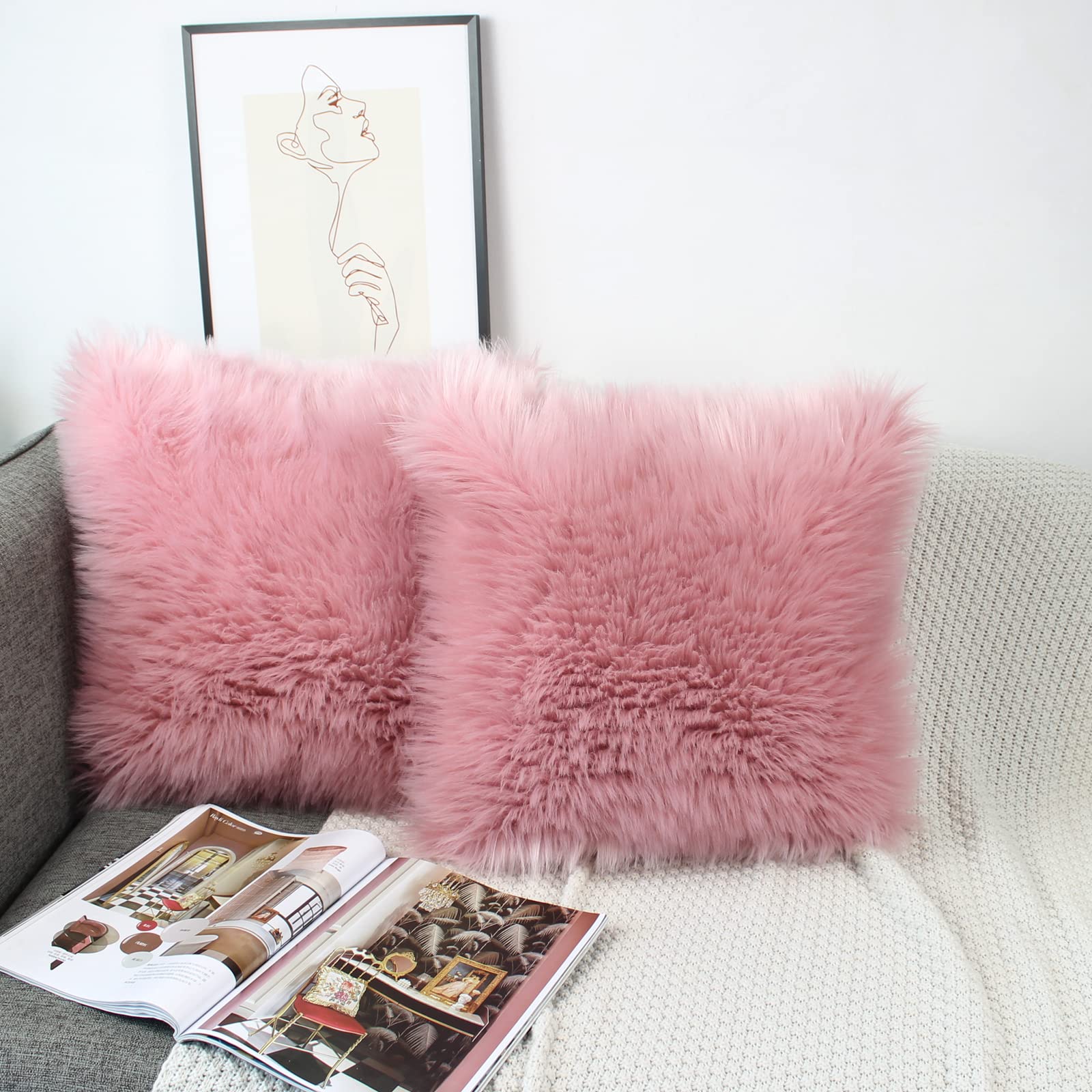 OYIMUA 20x20 Fluffy Faux Fur Decorative Throw Pillow Covers - Soft Plush Blush Pink Luxury Cushion Covers for Sofa, Couch, Living Room & Bedroom (Set of 2) | Farmhouse Style Home Decor & Cozy Accent Pillows