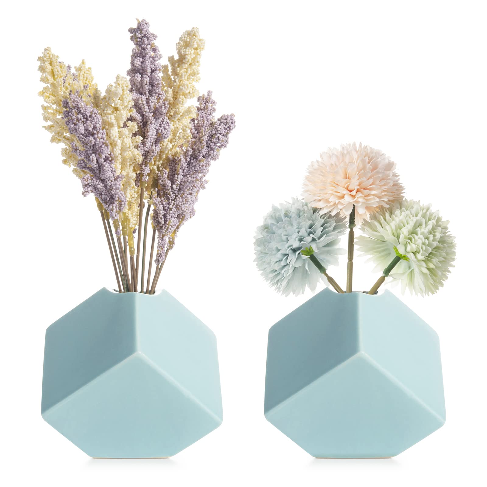 White Ceramic Vase Set of 2 - Farmhouse Rustic Home Decor Accent Vases for Living Room, Dining Table & Wedding Centerpieces (Blue, 2 Pack)