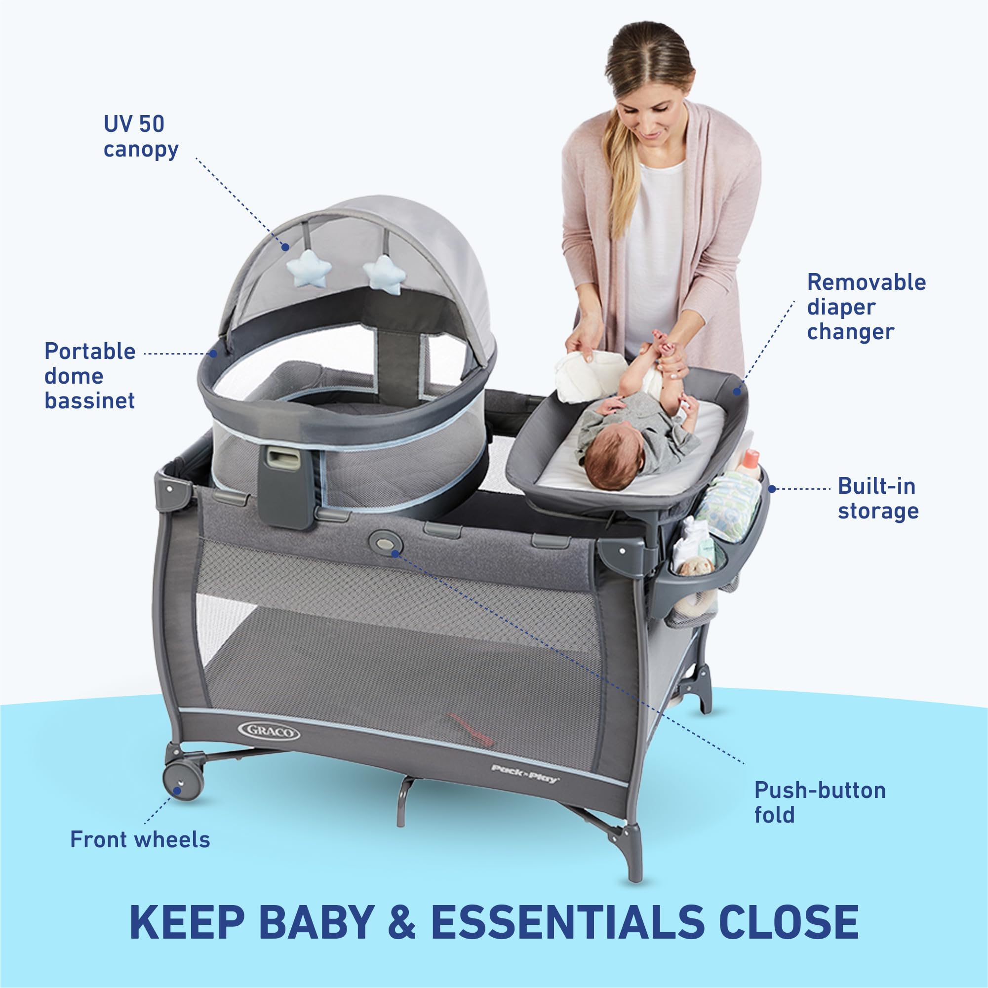 Graco Pack 'n Play Dome LX Portable Playard with Removable Bassinet - Lightweight Travel Crib for Babies & Toddlers - One-Push Fold Design - Redmond Pattern - Perfect for Home, Travel & Daycare Use
