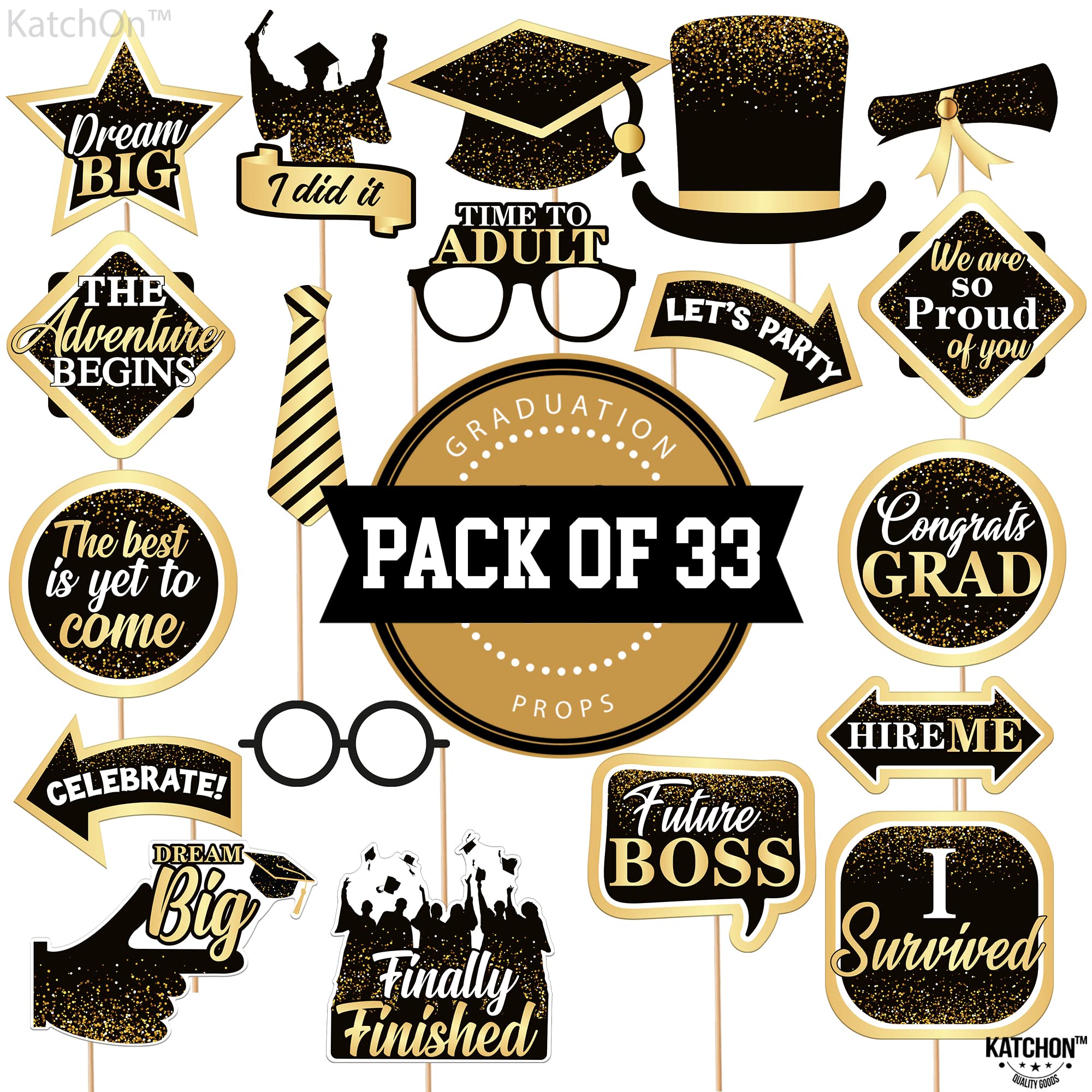 KatchOn 33-Piece Black & Gold Graduation Photo Booth Props Kit - Class of 2025 Decorations for Grad Parties, Commencement Celebrations & Senior Year Memories