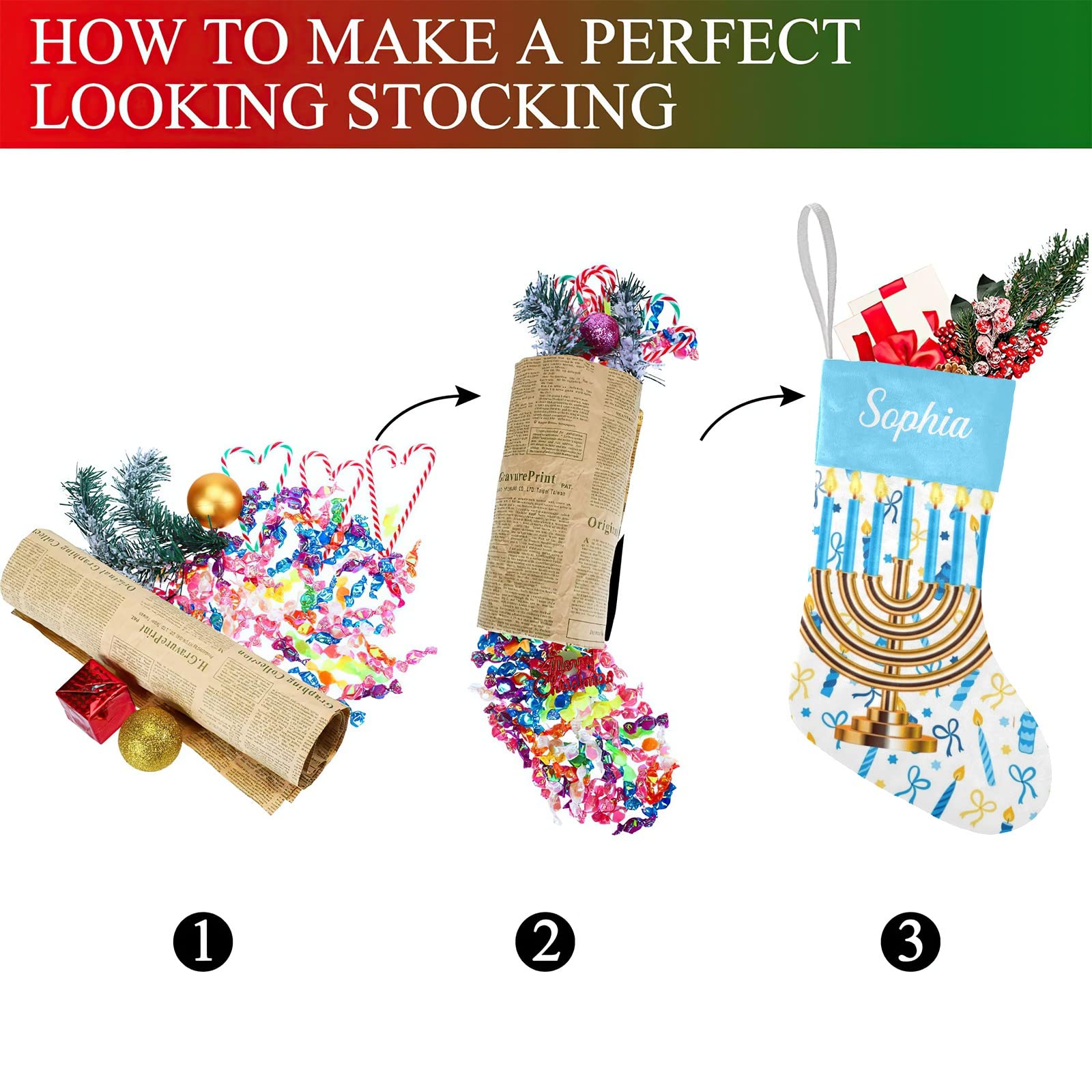 Personalized Hanukkah Christmas Stocking - Custom Name Holiday Stockings for Family, Wedding & Party Decor (17.52