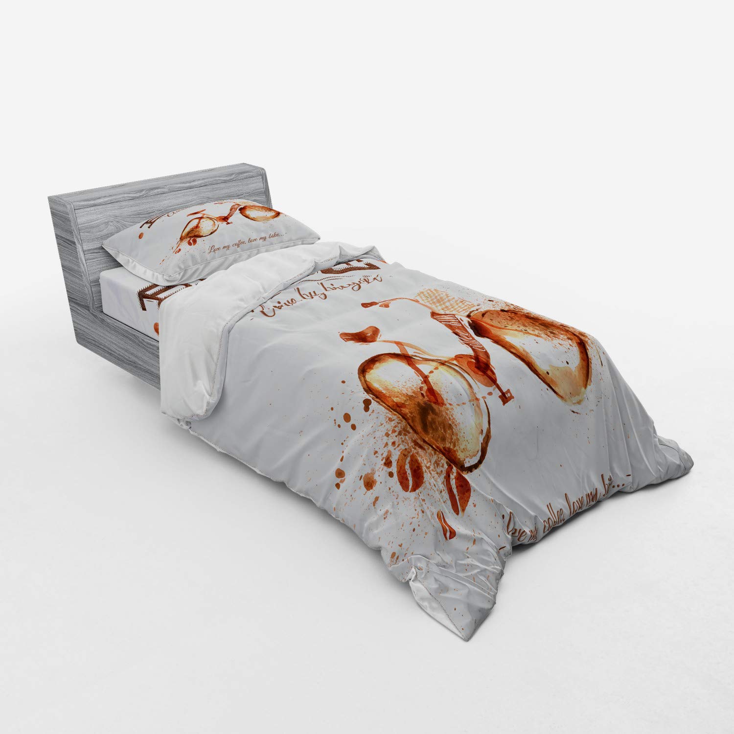 Ambesonne Coffee Art Bedding Set - 3 Piece Duvet Cover with Sham & Fitted Sheet, Twin Size, Dark Orange Chocolate - Coffee Lover Gift, Bike Theme Design for Bedroom Decor | Perfect for Home, Dorm, Apartment & Coffee Enthusiast's Bedroom