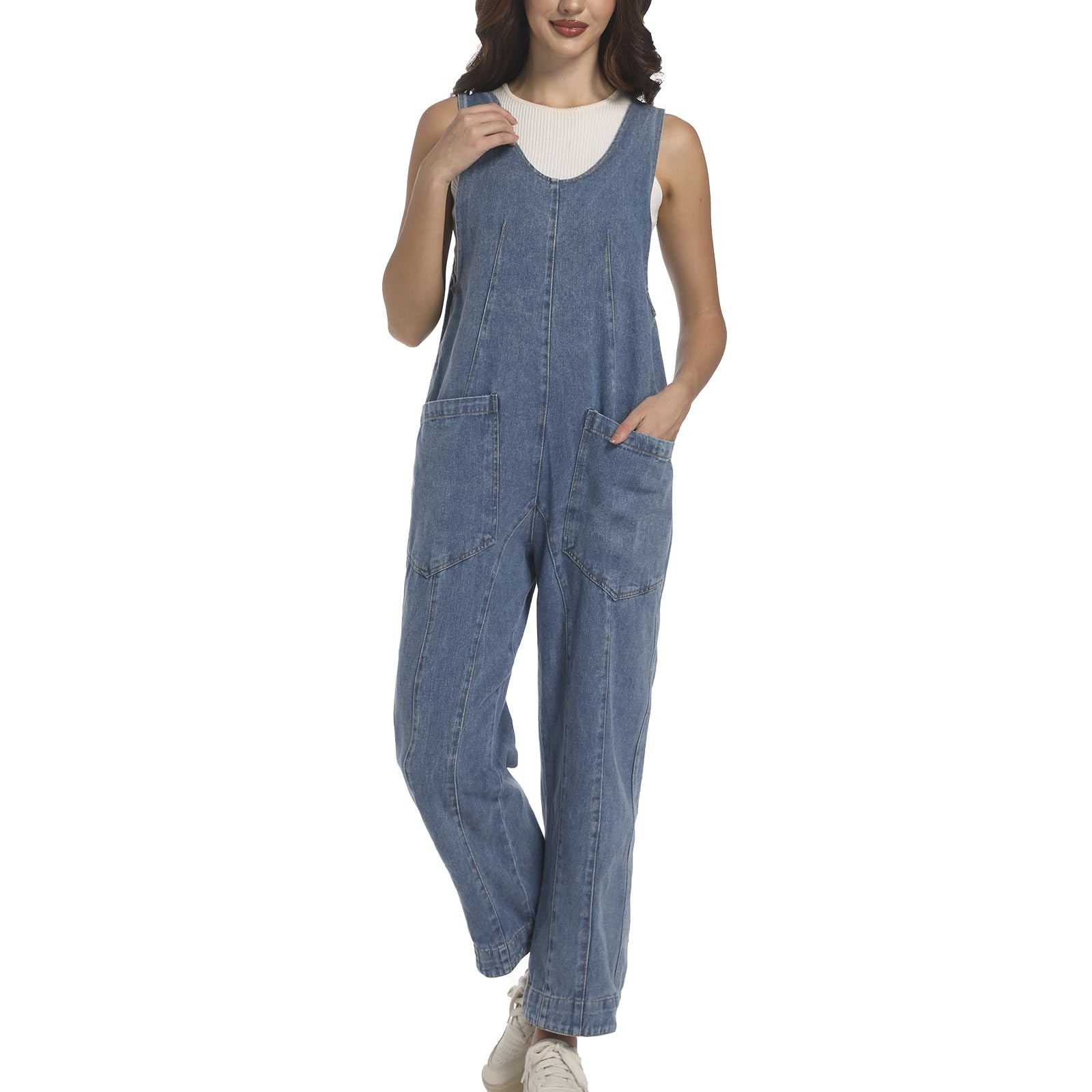 Women's Baggy Denim Jumpsuit with Pockets - Casual Streetwear Outfit