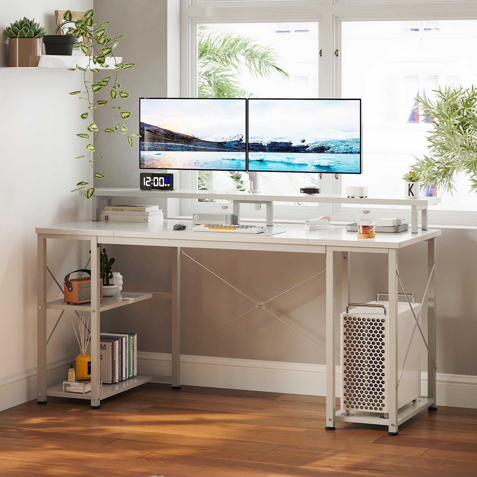 ODK Reversible Gaming Desk with Monitor Stand and Storage Shelf - 120x50x86.5cm White Computer Desk for Home Office, Bedroom, Study Room - Perfect for Work, Gaming, and Remote Learning