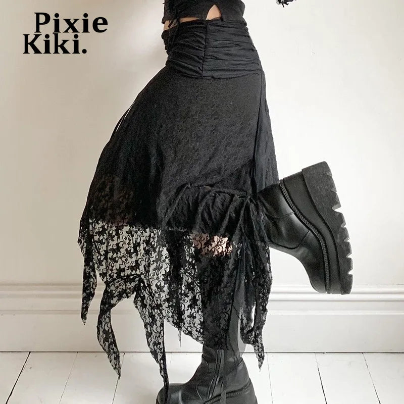 Black Lace Long Skirt - Low Rise Y2K Asymmetrical Skirt for Women | 2000s Vintage Style Summer Skirt | Perfect for Casual Wear, Night Out & Festival Outfits (P67 EZ20)