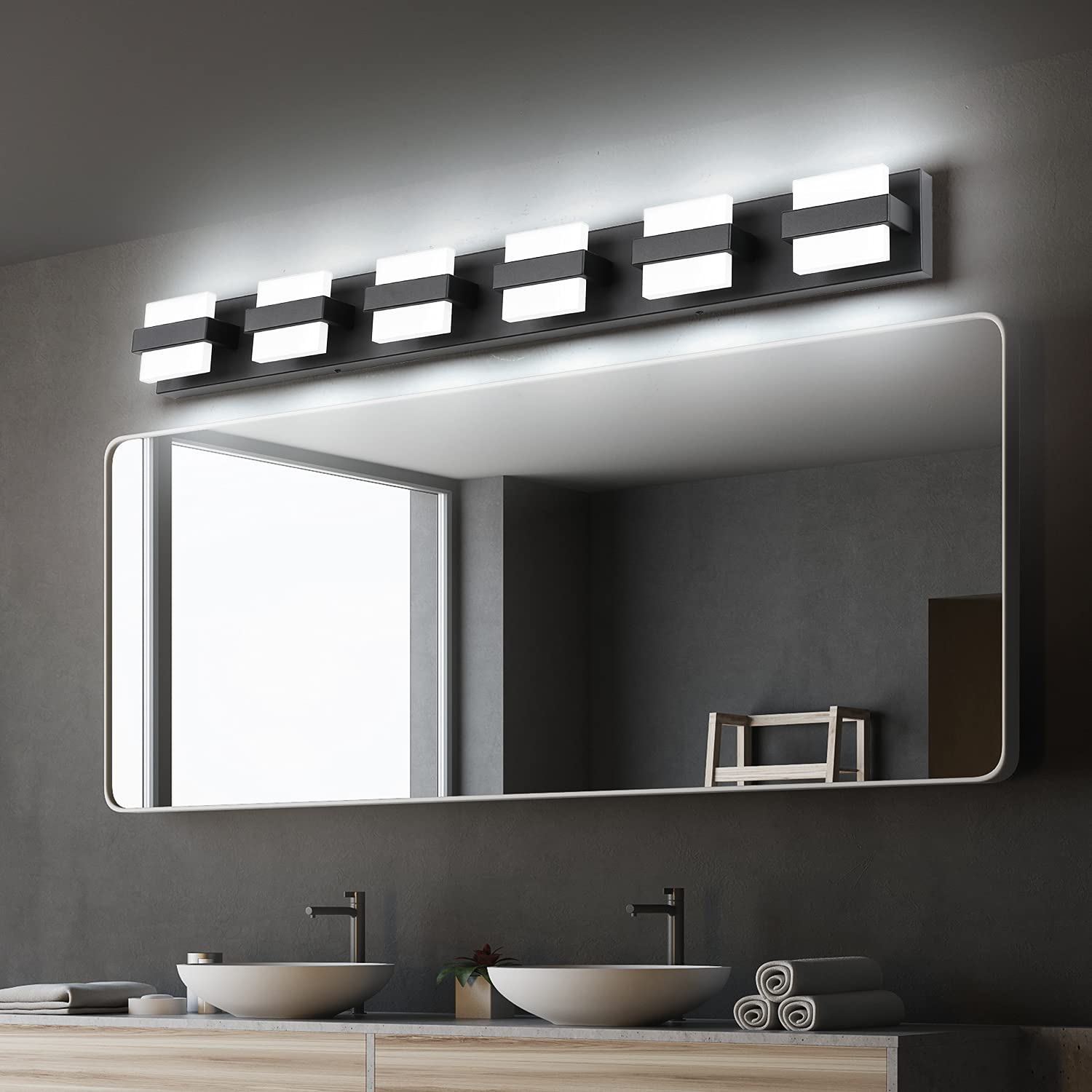 SOLFART 6-Light Black Modern LED Vanity Light - 41 Inch Dimmable Bathroom Mirror Lighting Fixture with White Light | Perfect for Bathroom, Powder Room, Dressing Room & Makeup Area