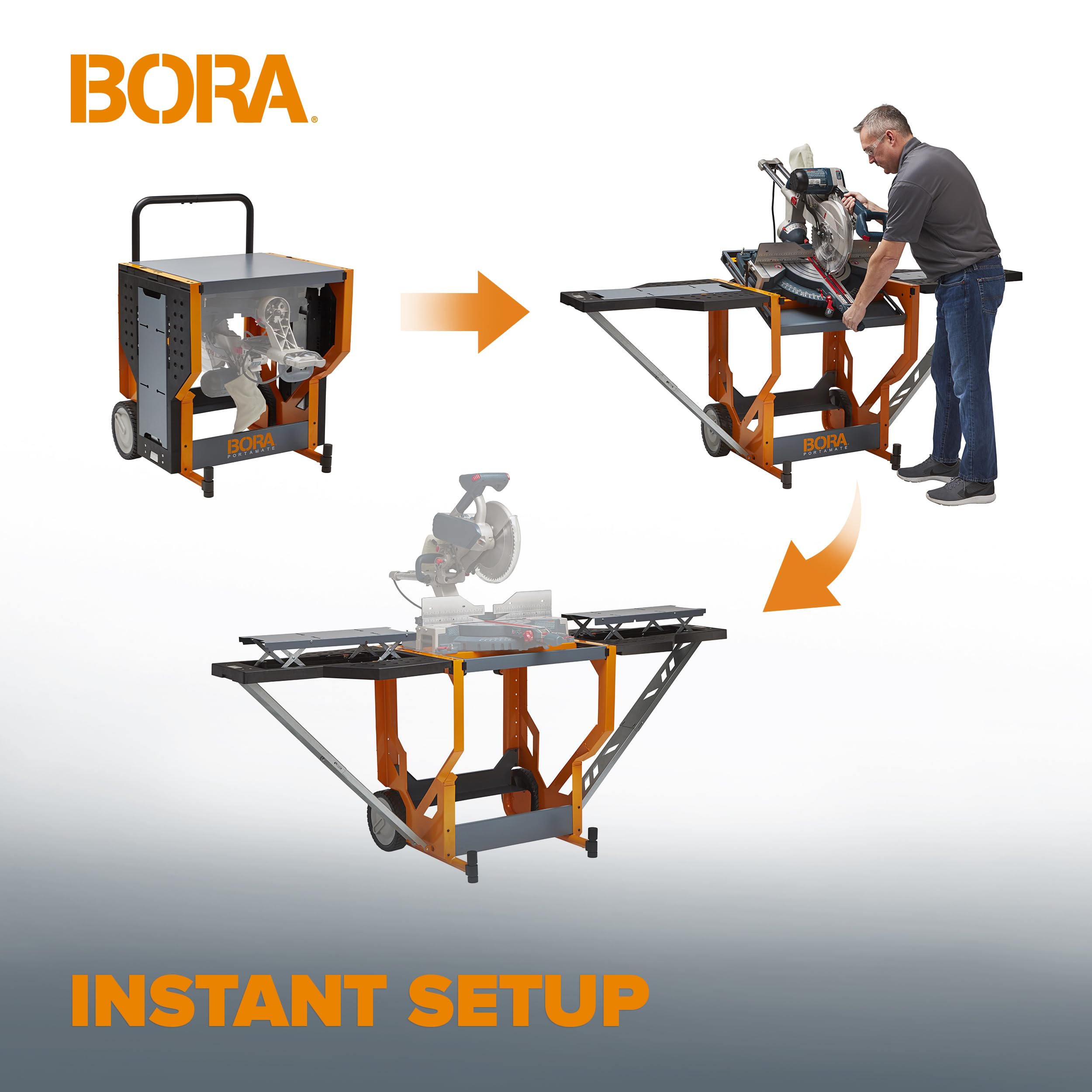 Portable Bora Portamate PM-8000 Miter Saw Stand - Heavy Duty 400 Lbs Capacity Rolling Workstation with Folding Wing Extensions | Perfect for Job Sites, Woodworking Shops & DIY Projects
