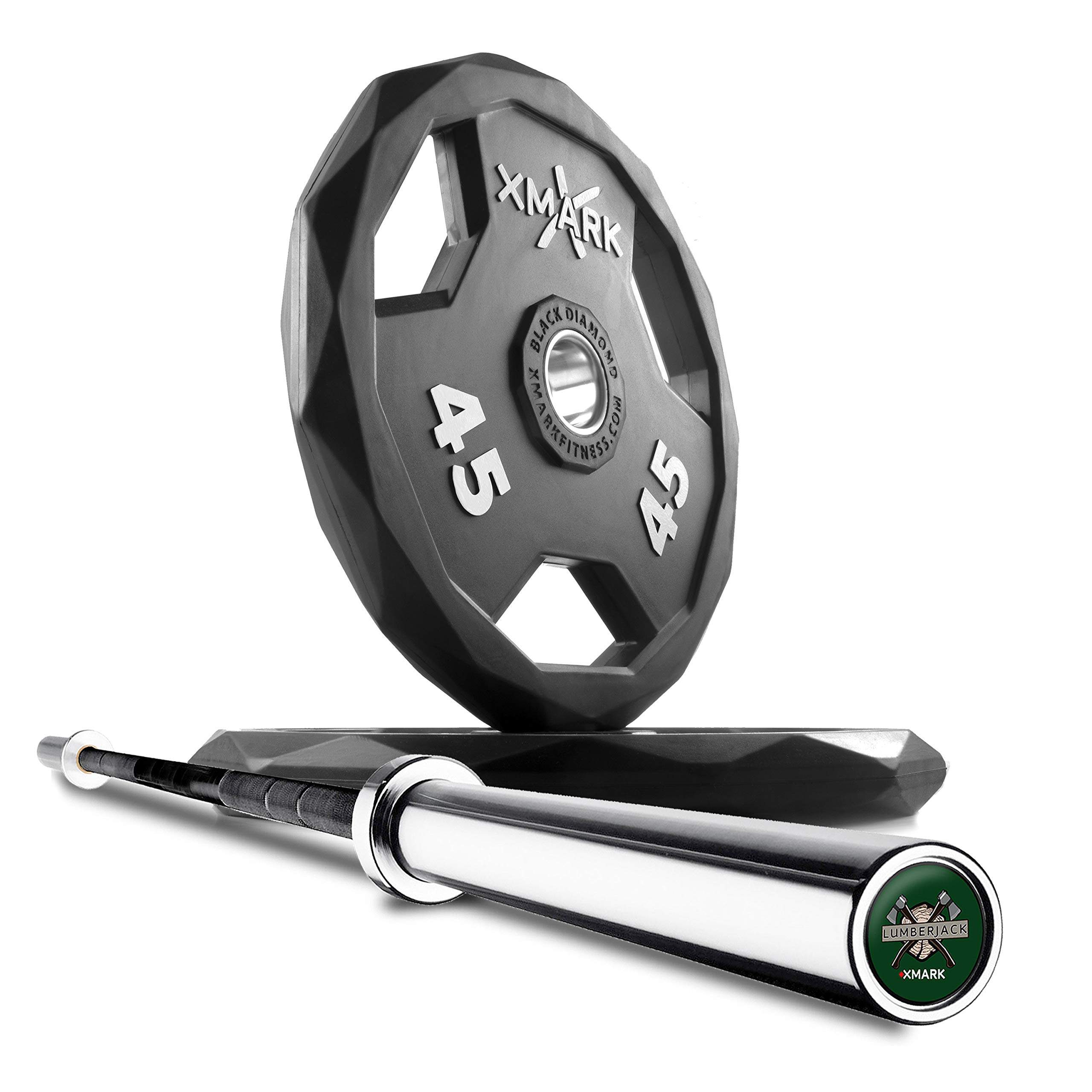 XMark Lumberjack Olympic Barbell Set with Black Diamond Rubber Coated Weight Plates - 300lb Home Gym Equipment for Strength Training & CrossFit Workouts
