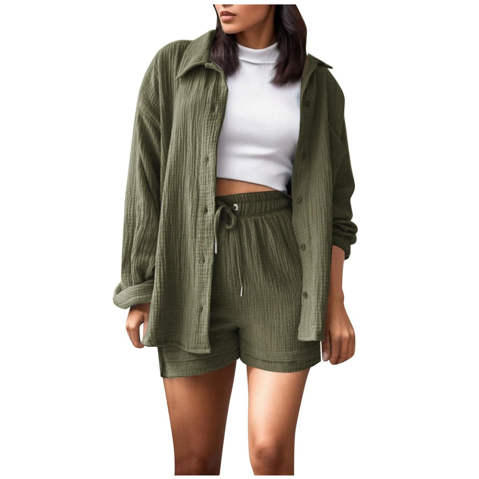 Women's 2-Piece Linen Outfit - Comfy Long Sleeve Shirt & Shorts Set for Summer/Fall Lounge Wear