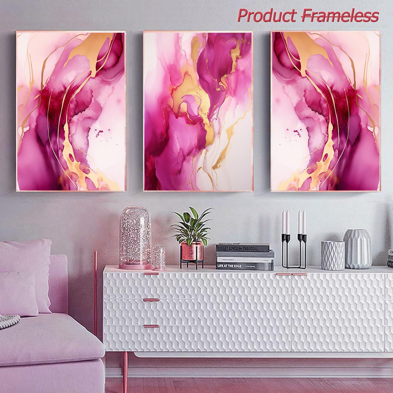 Pink Gold Marble Abstract Wall Art - 16x24in Unframed Canvas Print for Living Room, Bedroom & Office Decor - Modern Pink White Gold Abstract Painting with Purple Accents