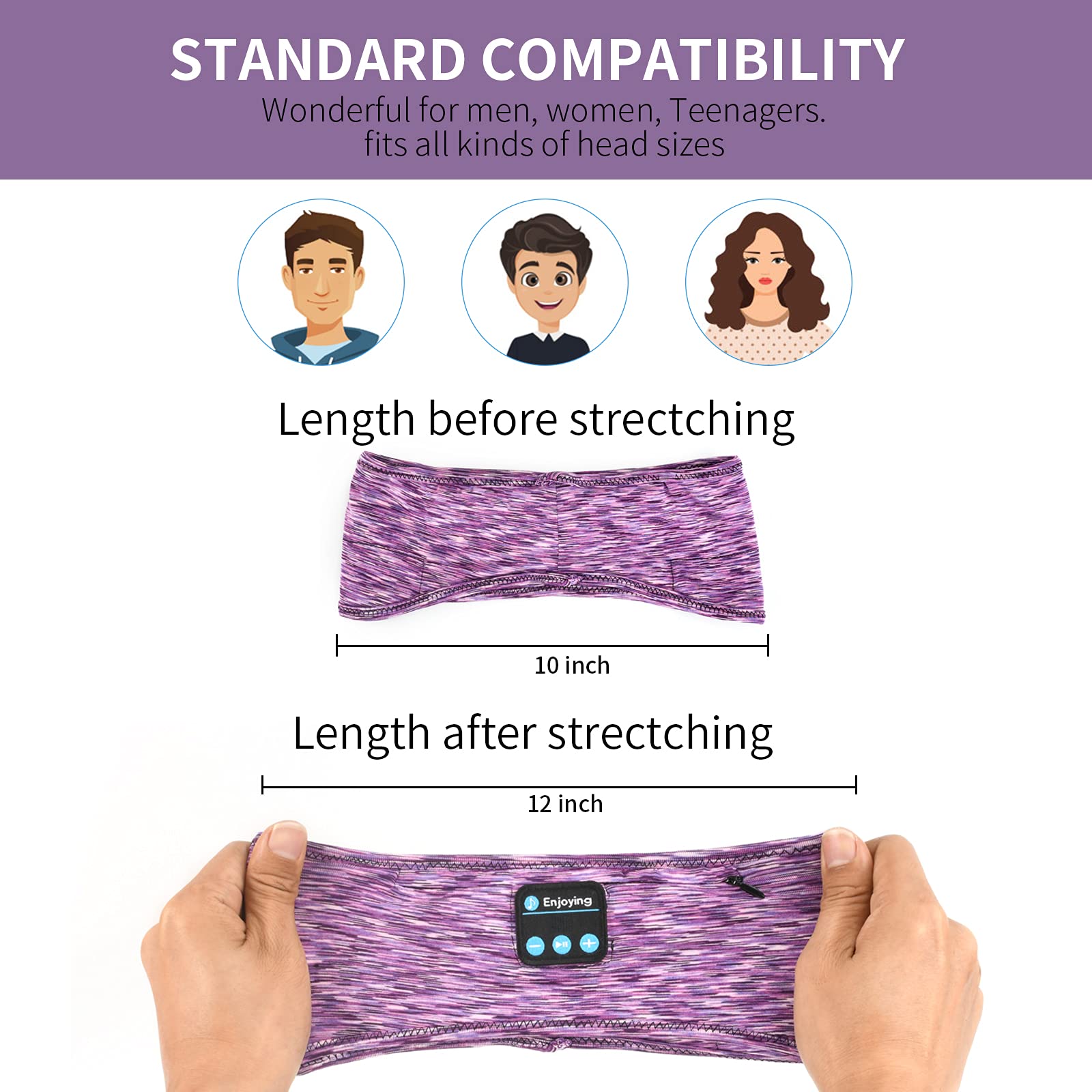 Wireless Sleep Headphones Headband with Zip Pocket - Ultra-Thin HD Stereo Speakers for Side Sleepers, Meditation, Yoga & Sports | Comfortable Bluetooth Music Headband for Night Use, Gym Workouts & Relaxation (Purple)