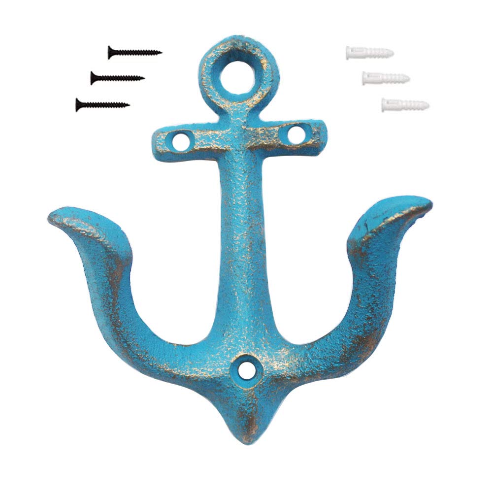 Vintage Rustic Cast Iron Nautical Anchor Wall Hooks - Decorative Antique Shabby Chic Coat & Towel Hanger for Bathroom, Bedroom & Entryway - Blue KiaoTime (Perfect for Coastal, Farmhouse & Nautical Home Decor)