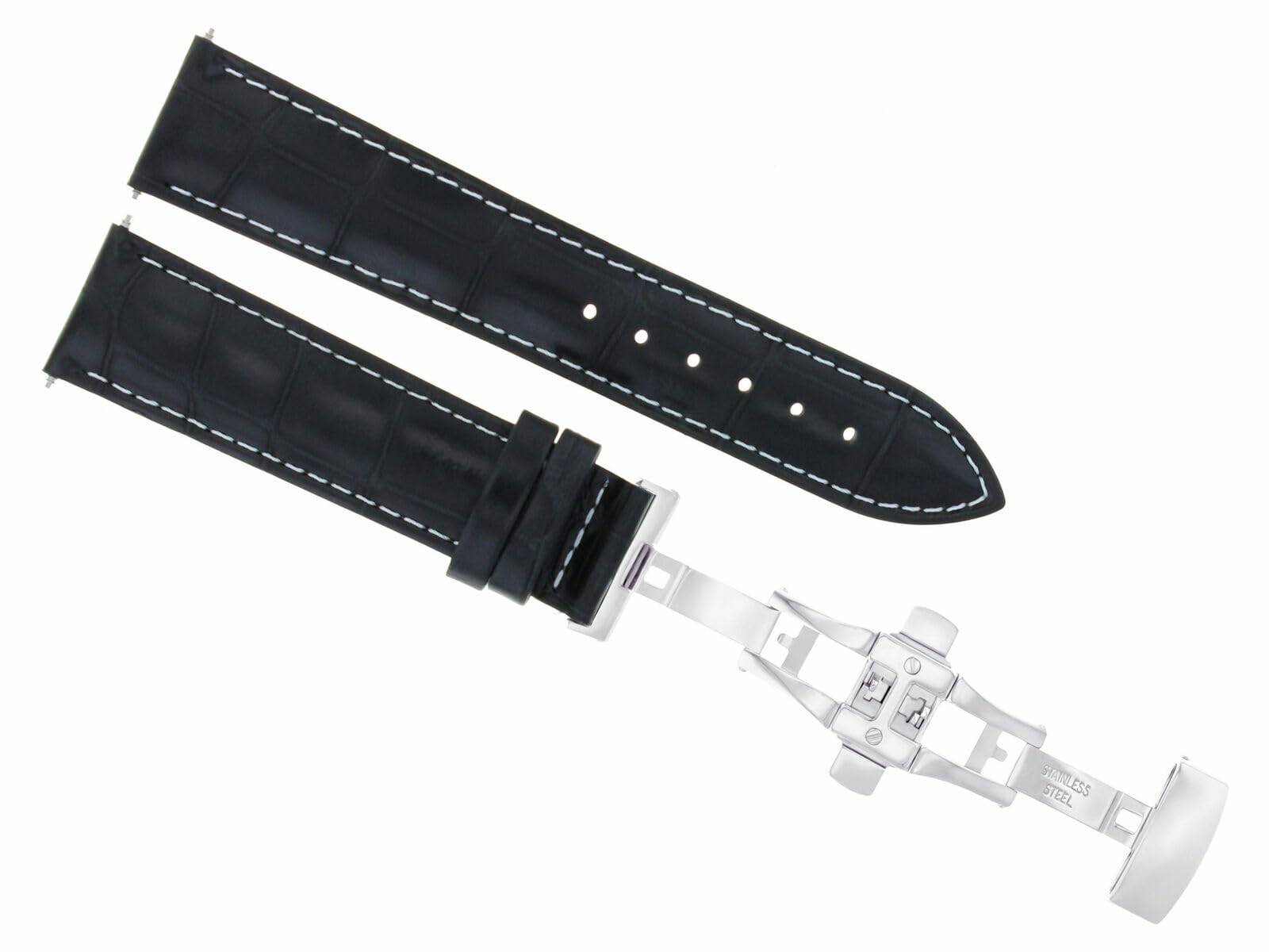 22mm Genuine Leather Watch Band with Deployment Clasp - Compatible with Maurice Lacroix Watches - Black with White Stitching - Perfect for Business, Casual & Formal Occasions
