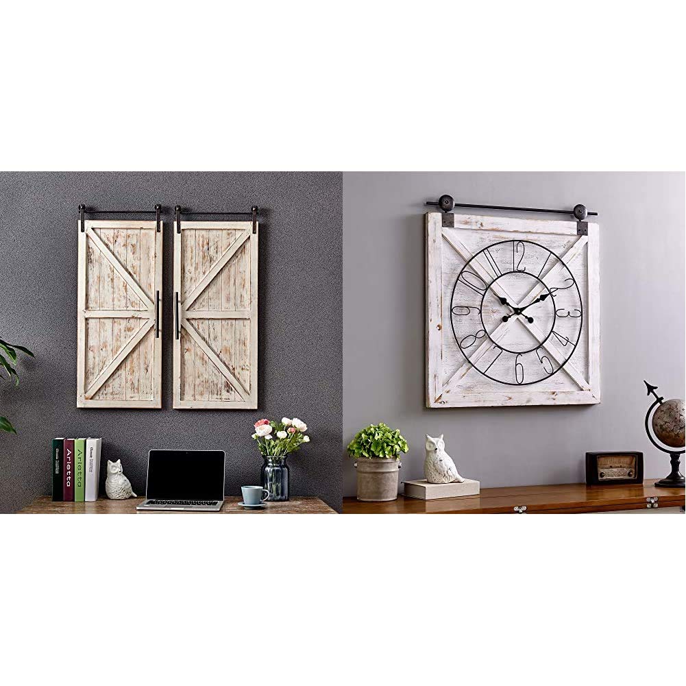 FirsTime & Co. Carriage House Barn Door Wall Plaque Set & Farmstead Wall Clock - Aged White, Whitewash, Metallic Gray & Black - 34