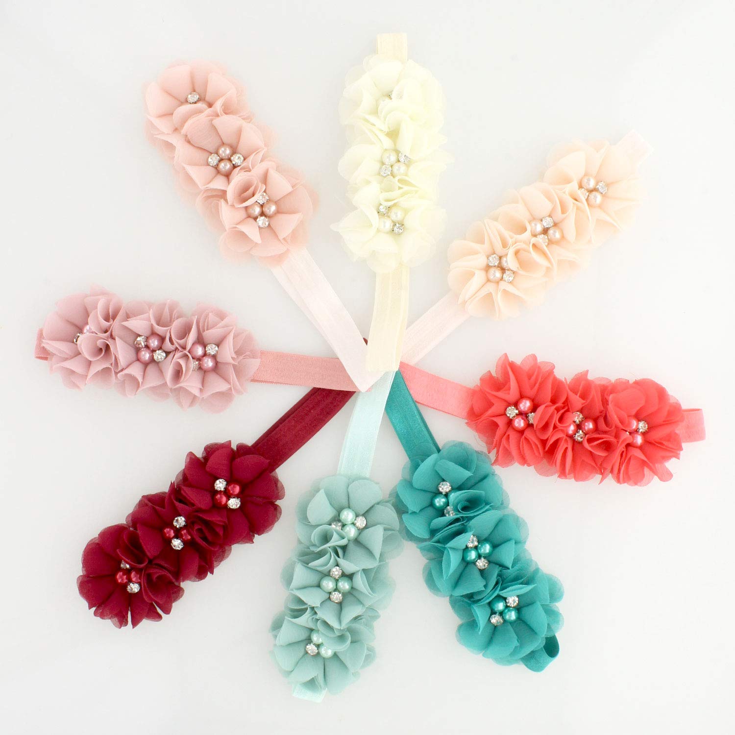 Lello Stretchy Elastic Flower Headbands for Baby Girls & Toddlers - Soft Fabric Beaded Hair Accessories for Parties, Photos & Everyday Wear