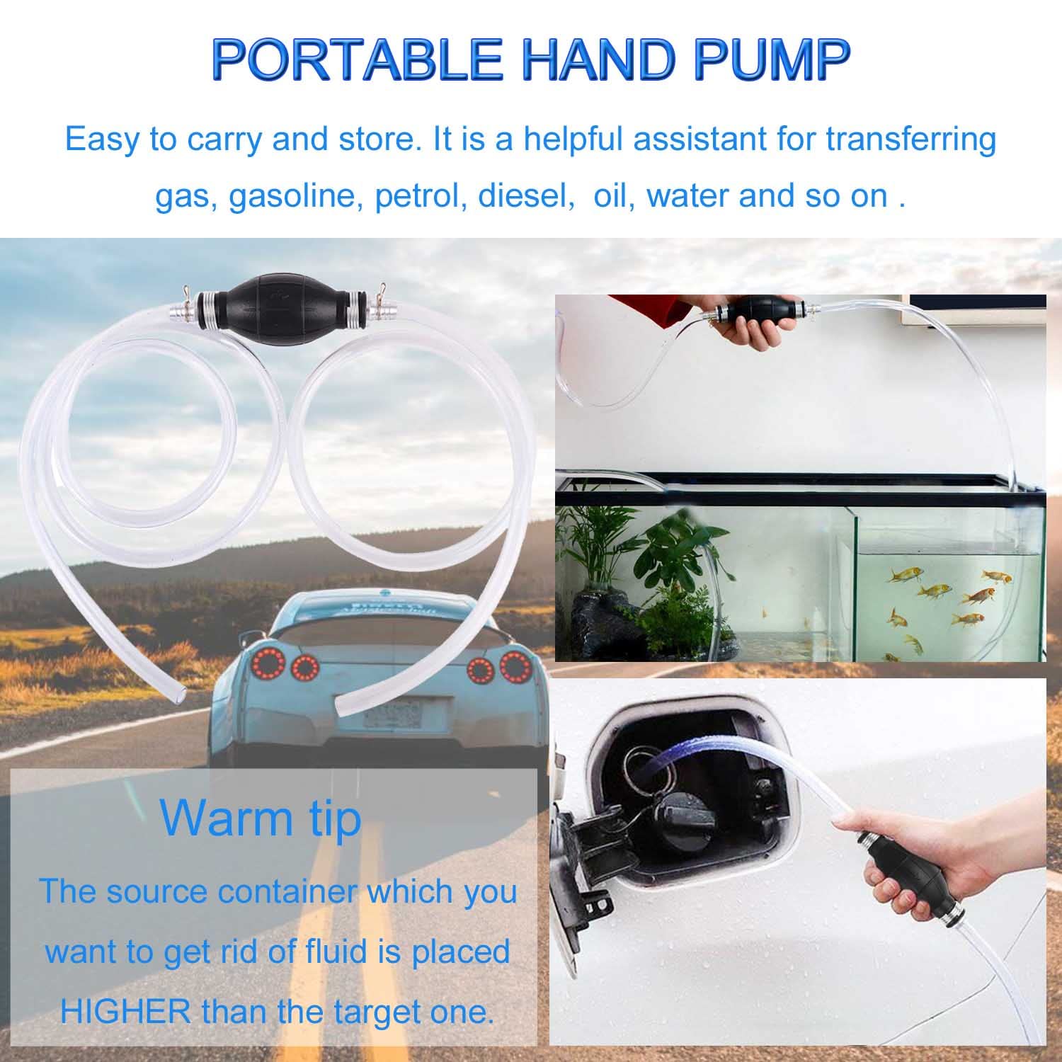 JONMON Gasoline Siphon Hose Pump - Portable Hand Fuel Transfer Pump with 2M PVC Hose & Metal Buckles - High Flow Manual Rubber Squeeze Bulb for Petrol, Diesel, Oil, Water - Ideal for Cars, Boats, Lawn Mowers & Emergency Fuel Transfer