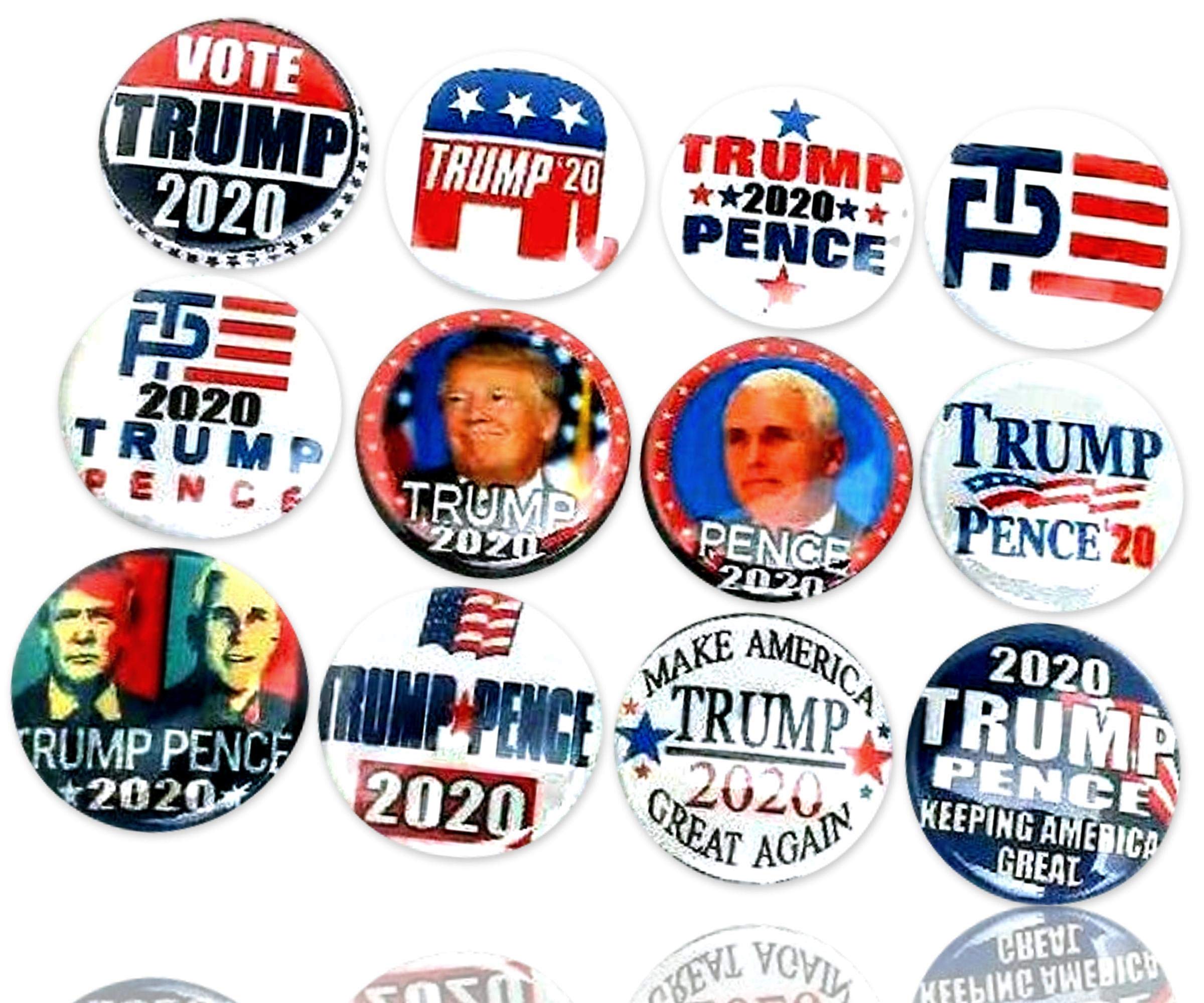 Rust-Proof 1 Inch Metal Button Pins - 12 Pack Bulk Assorted Red White Blue USA Political Campaign Badges - Donald Trump & Mike Pence Republican 2020 Style with Certificate - Perfect for Political Rallies, Campaign Events & Patriotic Decor
