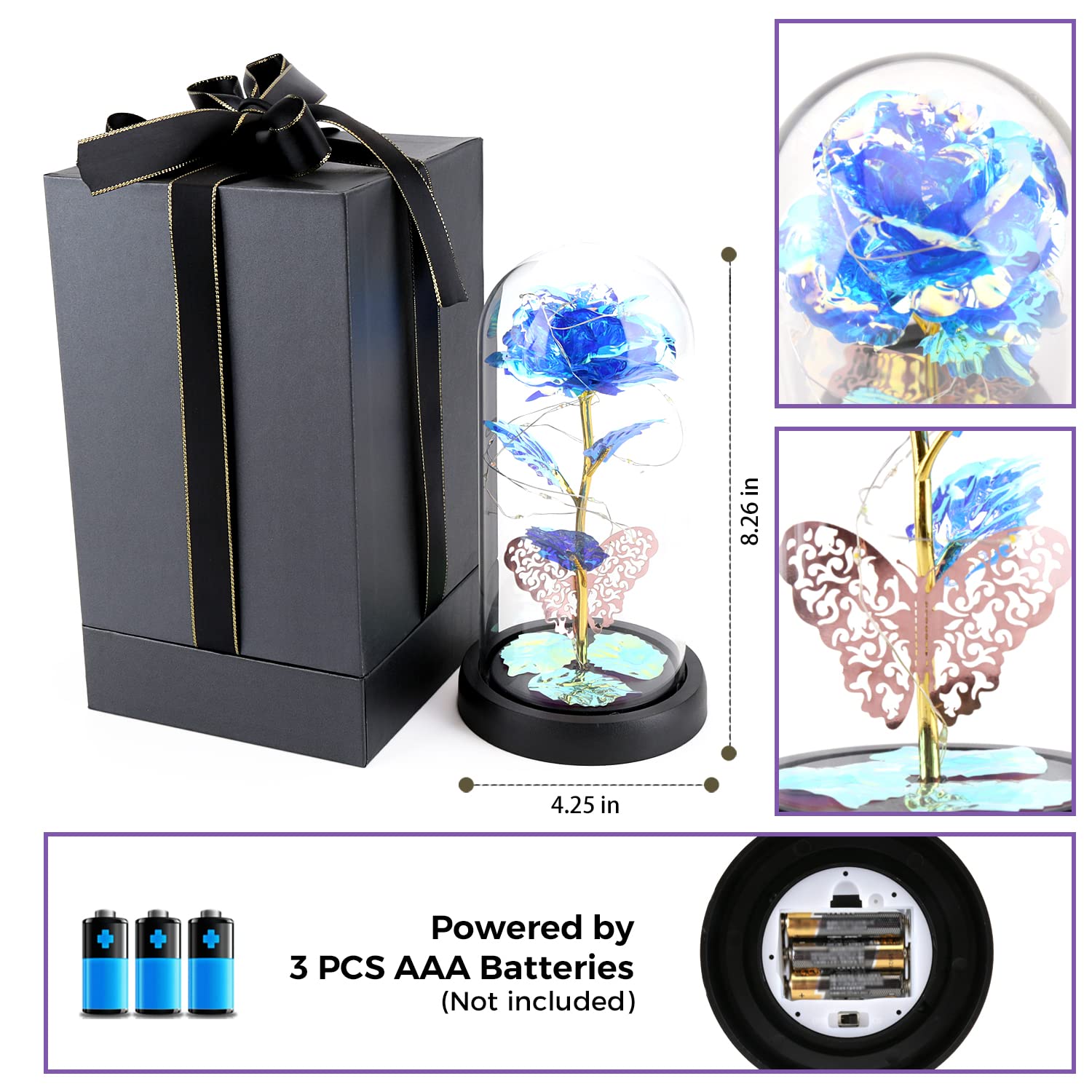 Eternal Rose in Glass Dome - Galaxy Rose Gift for Women, Mom, Valentine's Day, Birthday, Christmas, Wedding (Blue) | Romantic Home Decor, Anniversary Present, Special Occasion Gift Idea
