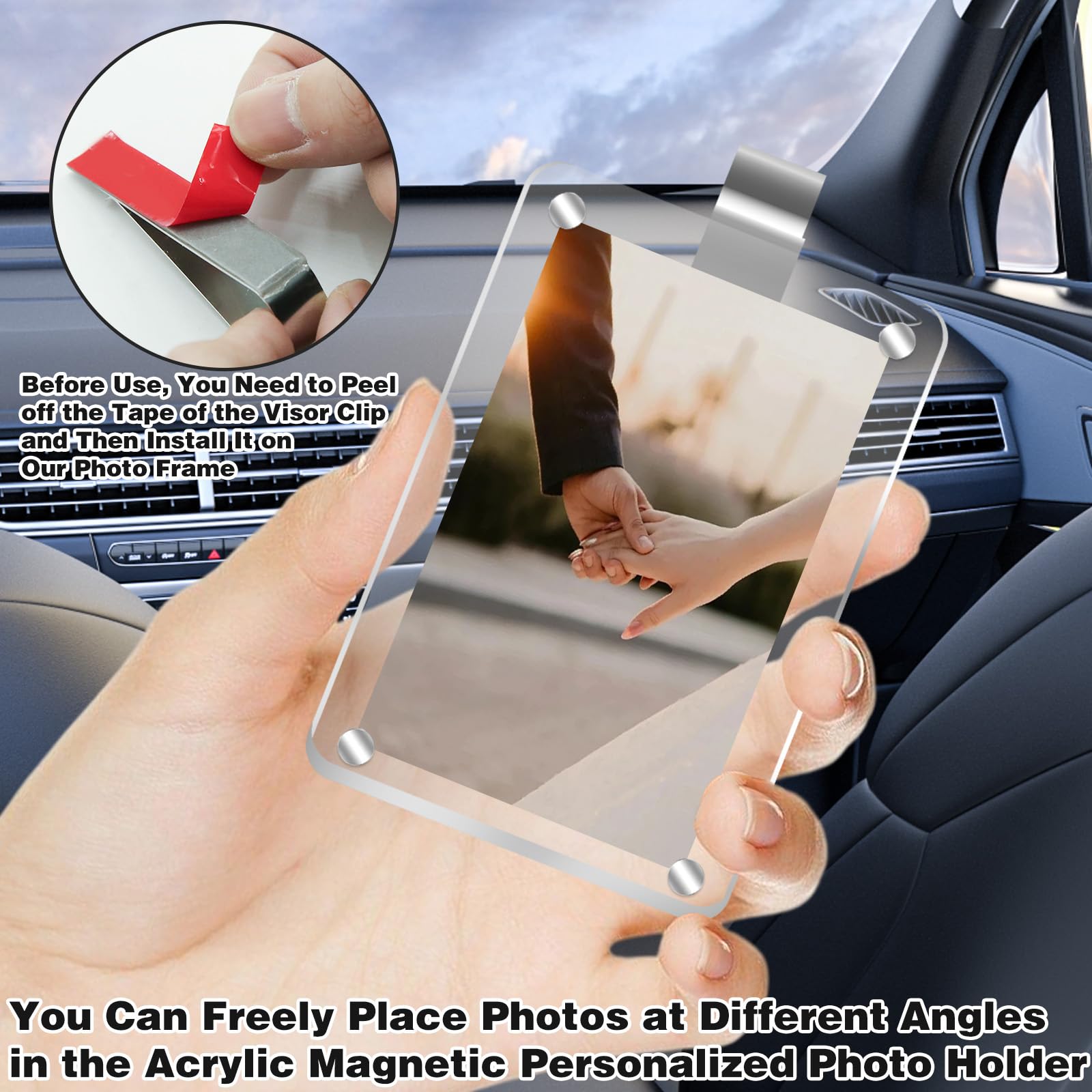 2Pcs Magnetic Car Photo Holder - Acrylic Personalized Picture Frame for Visor Clip, Car Accessories for Family & Personal Photos | Perfect for Road Trips, Commuting & Gifts