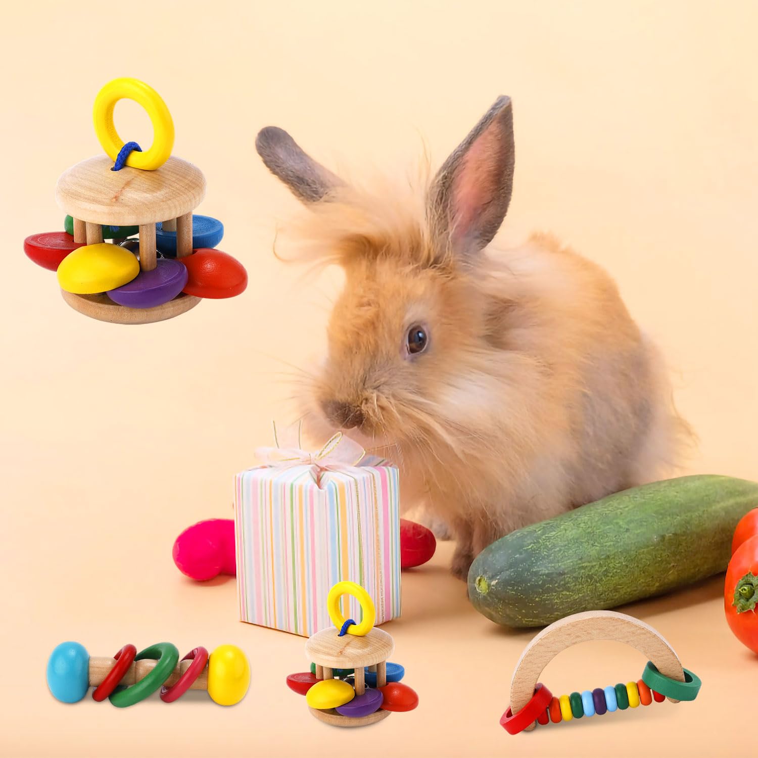 Natural Wooden Bunny Chew Toys for Rabbits - Safe Bite-Resistant Small Animal Toys for Guinea Pigs, Chinchillas, Hamsters & Parrots - Indoor Pet Enrichment for Teeth Grinding & Boredom Relief - Perfect for Playtime, Cage Accessories & Dental Care