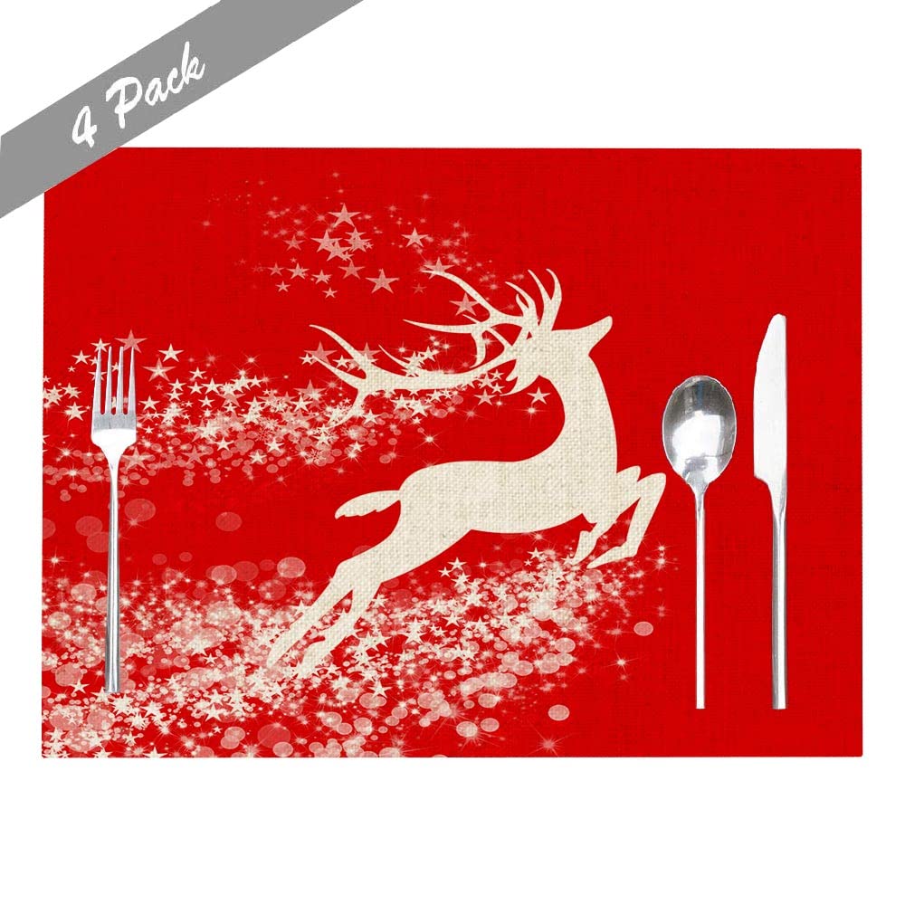 Jesmacti Christmas Reindeer Placemats Set of 4 - 18x12 Inch Red Holiday Dining Mats for Festive Indoor Decor & Dinner Parties - Perfect for Christmas Tablescapes, Family Gatherings & Seasonal Home Decor