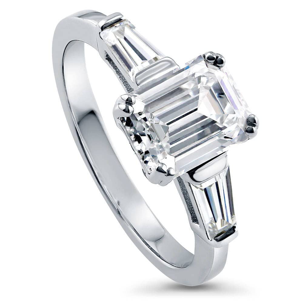 BERRICLE Sterling Silver 3-Stone Wedding & Engagement Ring 2.1ct Emerald Cut Cubic Zirconia CZ Anniversary Band for Women - Rhodium Plated Size 4-10 | Elegant Gift for Brides, Anniversary & Special Occasions