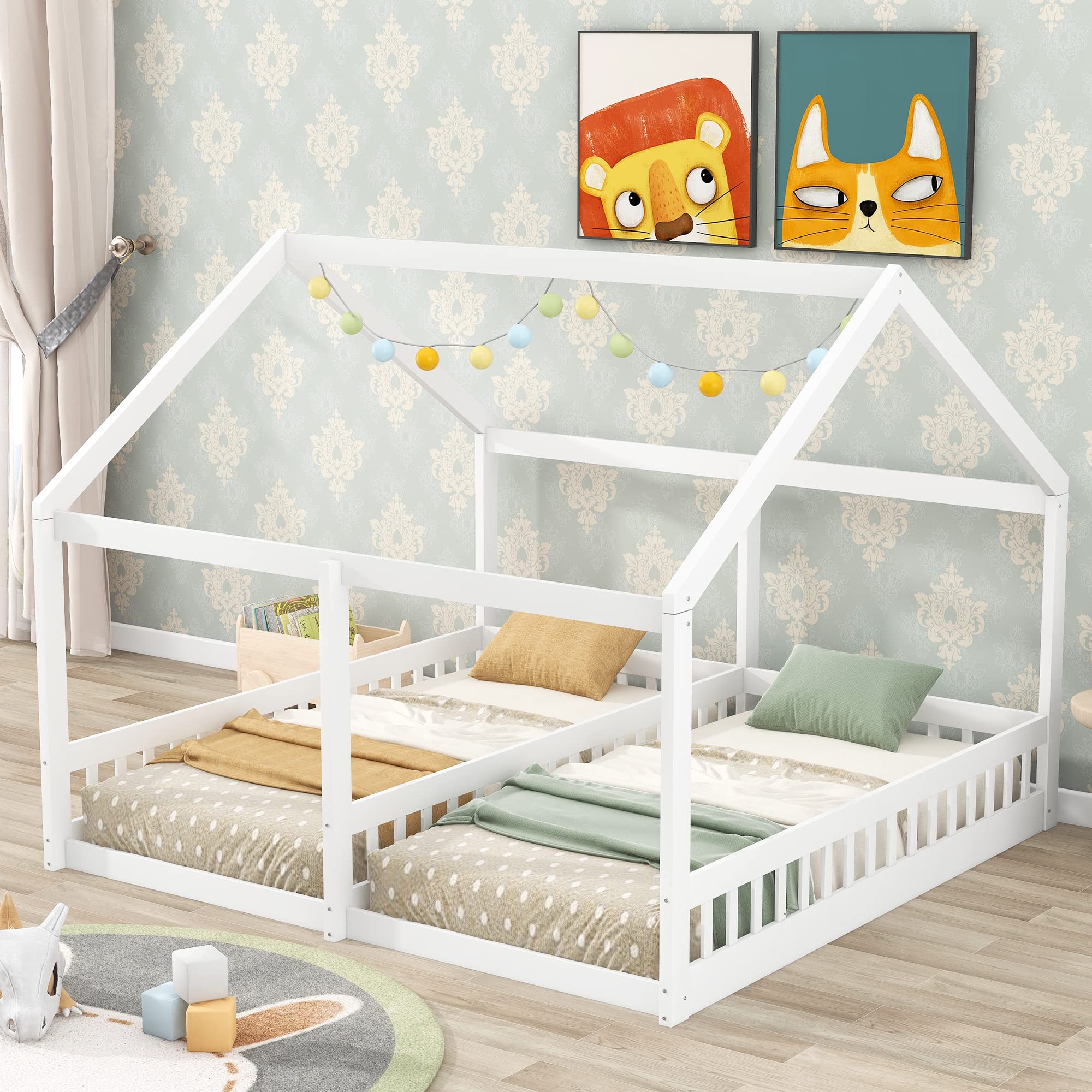 Harper & Bright Designs Solid Wood Twin House Bed with Rails & Roof - Montessori Floor Bed Frame for Kids, Teens, Boys & Girls - Perfect for Bedrooms, Playrooms & Montessori Classrooms (White)