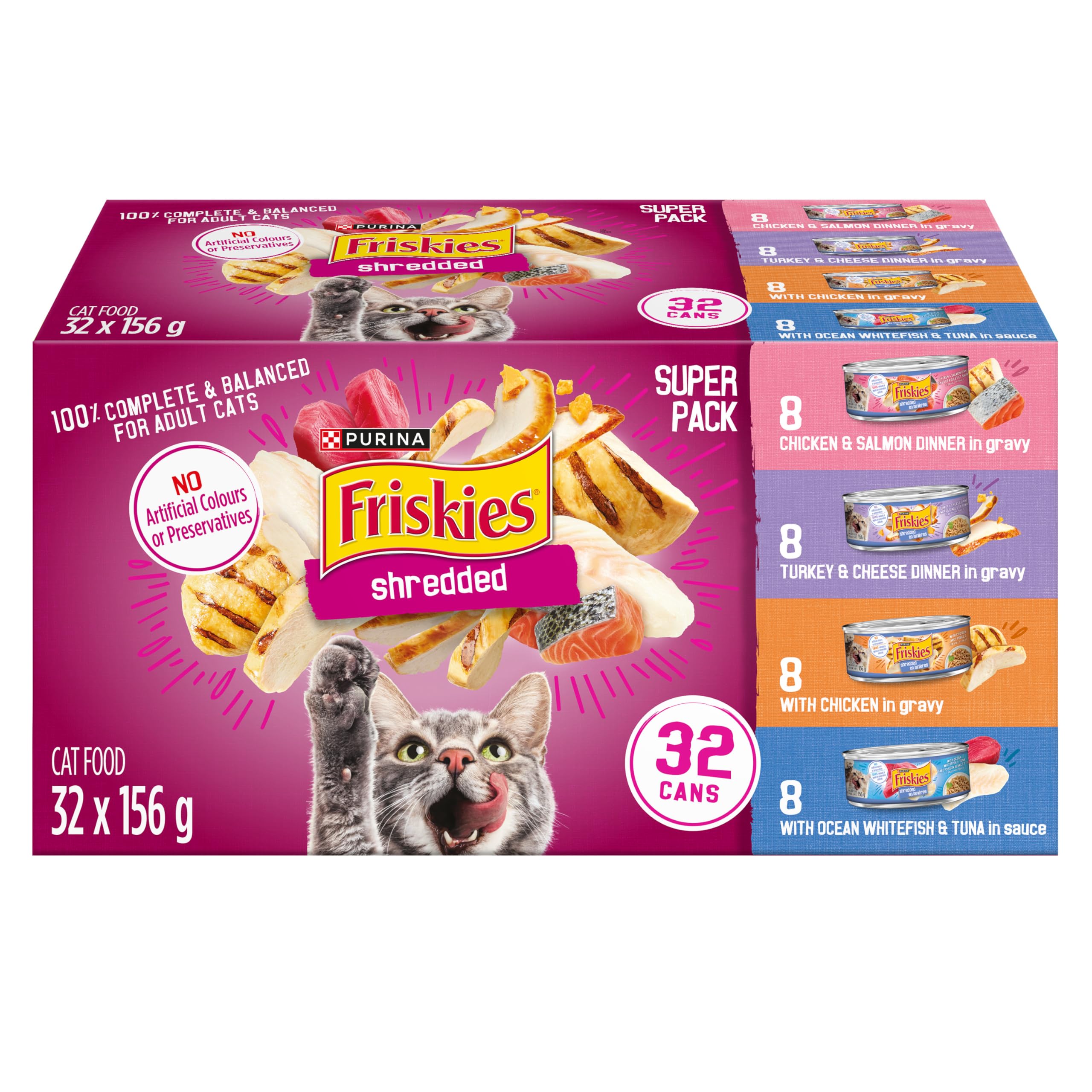Friskies Shredded Wet Cat Food Variety Pack - Poultry & Fish Combo, 4 Delicious Flavors, 156g Cans (32-Pack) | High Protein Meal for Adult Cats, Perfect for Picky Eaters & Daily Feeding Routine