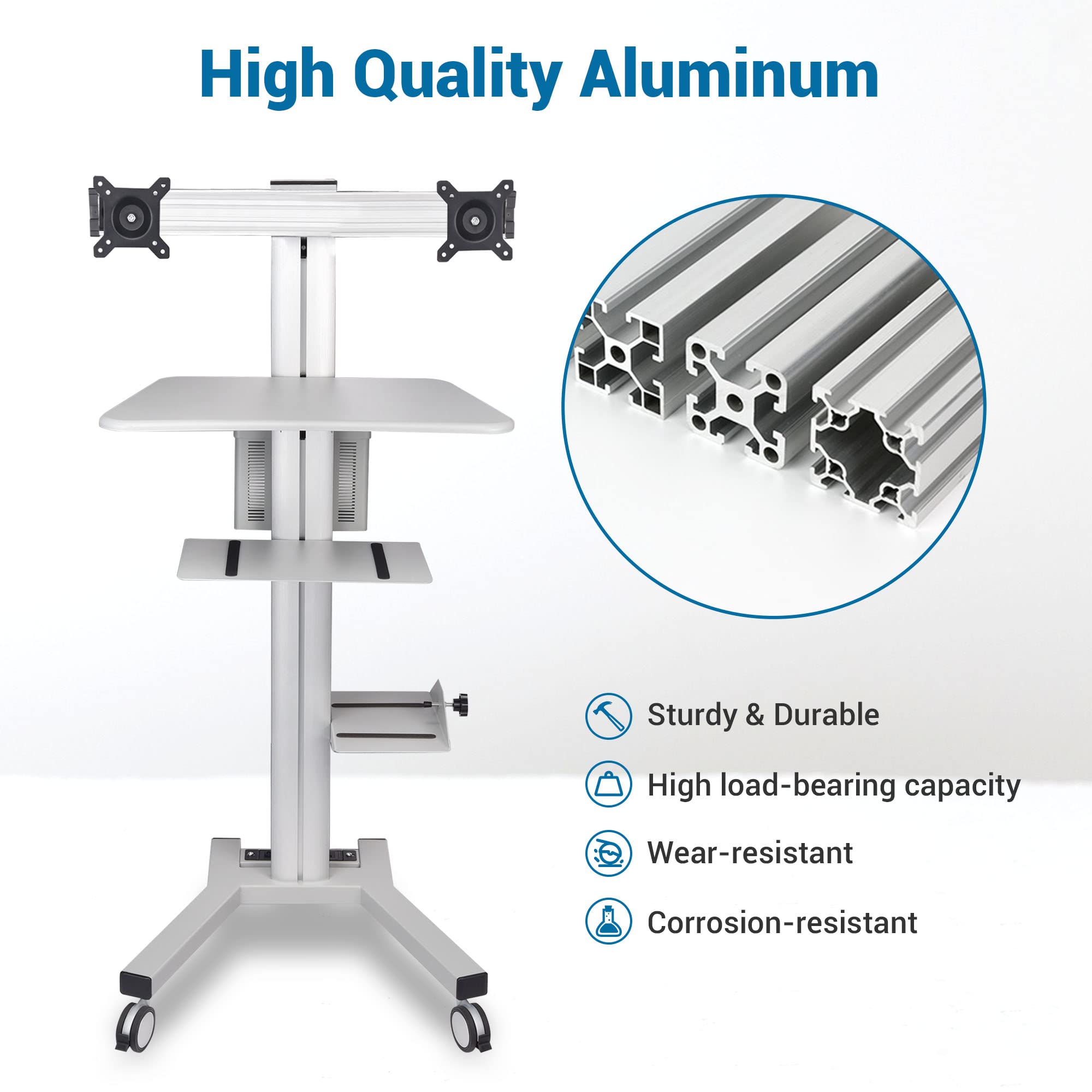 AW Mobile Computer Workstation Cart - Adjustable Dual Monitor Mount, Keyboard Tray & CPU Holder with Wheels | Portable Rolling PC Desk for Office, Home & Gaming Setup | Silver Standing Workstation Cart