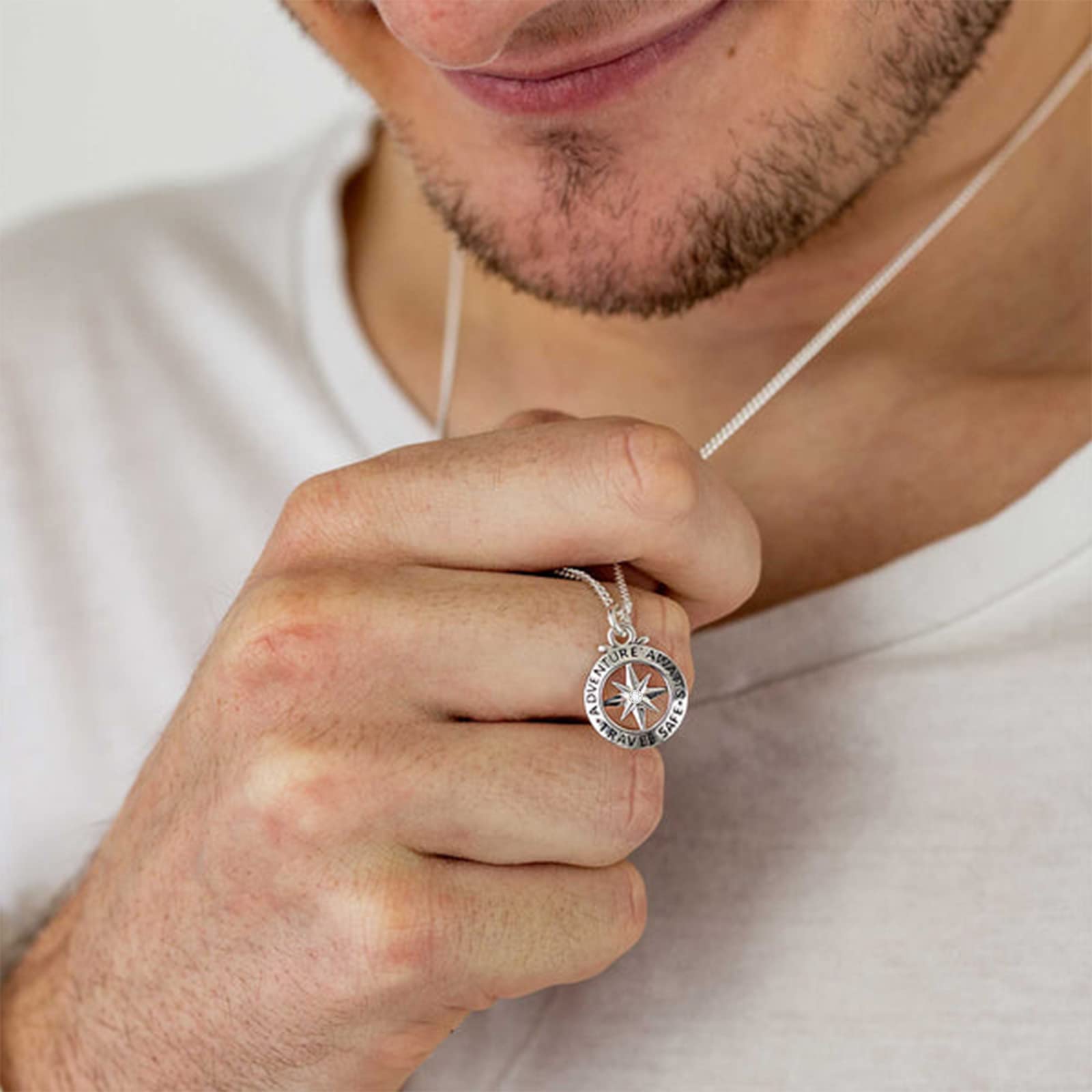 YDD 14k White Gold Plated 925 Sterling Silver Compass Necklace for Men & Women - Diamond Accent Travel Jewelry - Perfect Graduation & Christmas Gift (18+2'') - Ideal for Outdoor Adventures, Travel Enthusiasts & Special Occasions