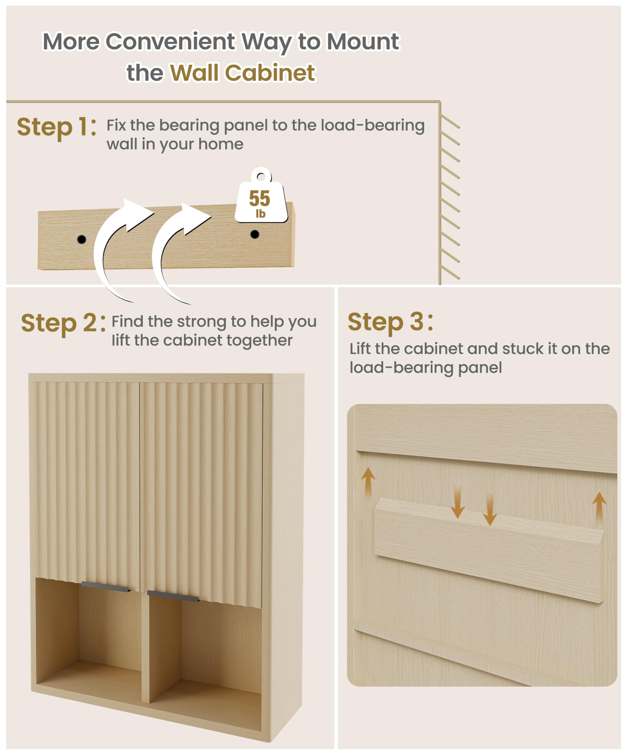 HAIOOU Fluted Wave Design Wooden Medicine Cabinet with Motion Sensor Light - Wall Mounted Bathroom Storage with Buffering Hinges, Over Toilet Organizer for Modern Home Decor (Natural Finish)