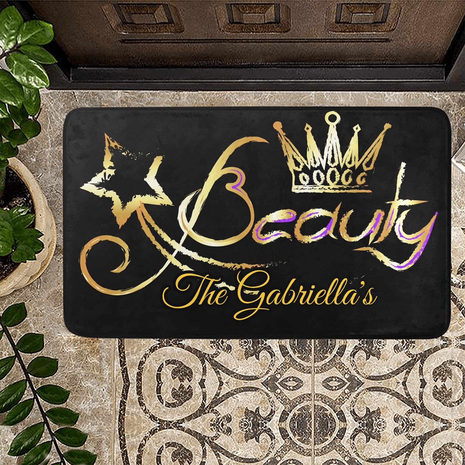 Custom Personalized Family Name Doormat - Beauty Salon Crown Design Non-Slip Entrance Rug 23.6
