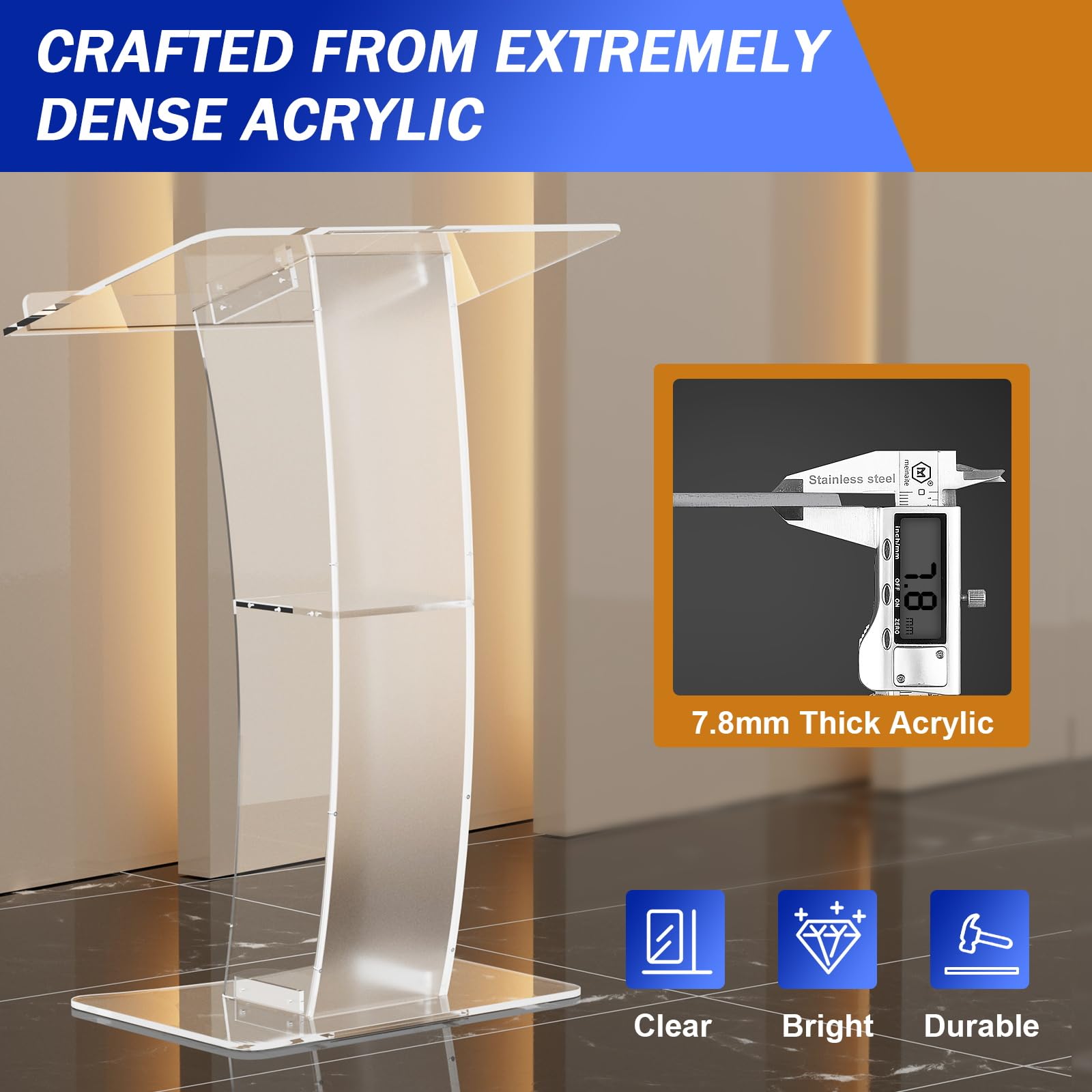 Acrylic Slanted Speaker Podium Lectern - Curved Plexiglass Transparent Pulpit for Church, Lectures, Recitals & Presentations | Perfect for Classrooms, Conferences & Worship Services