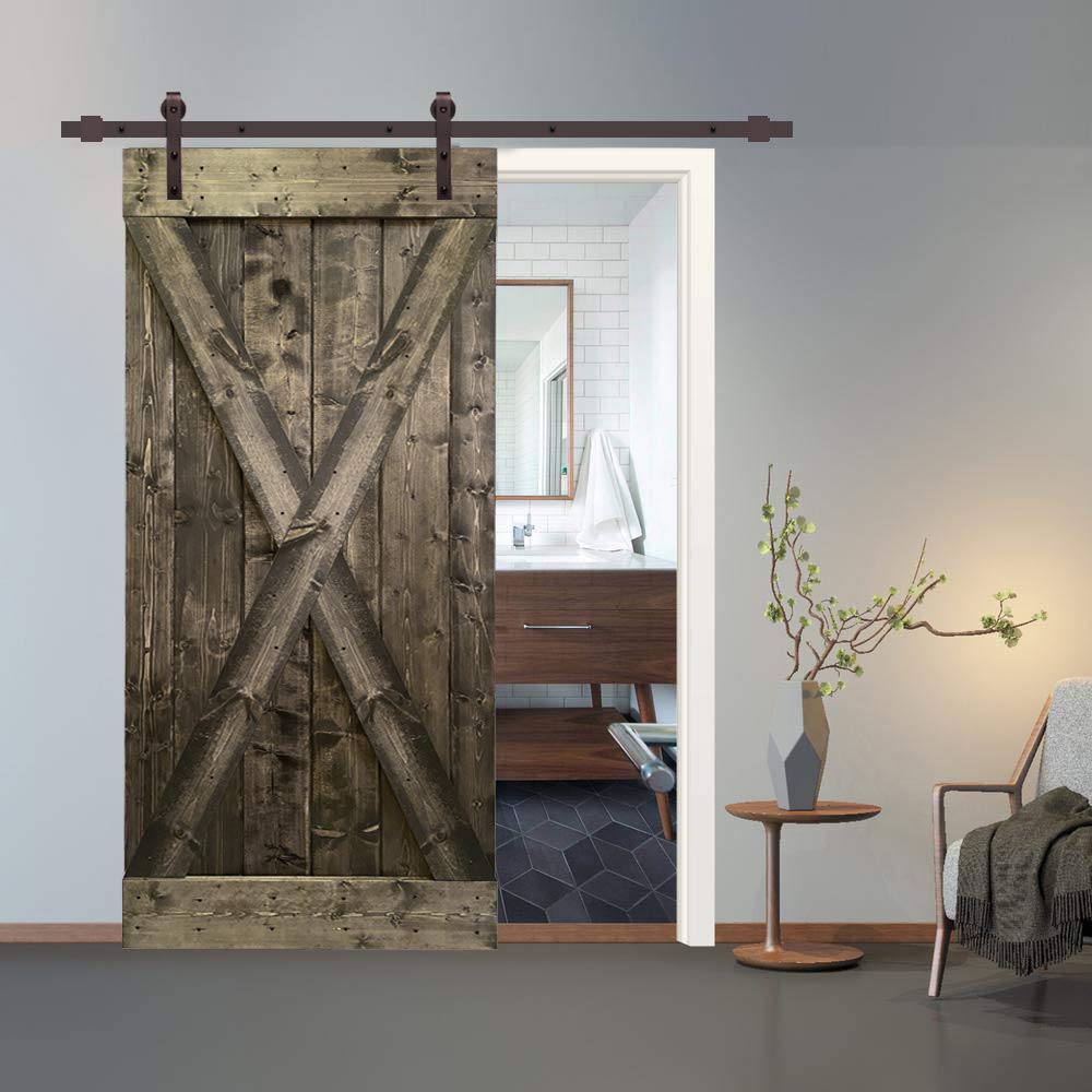 TMS X Series Stained Solid Knotty Pine Wood Interior Sliding Barn Door with Hardware Kit - 84