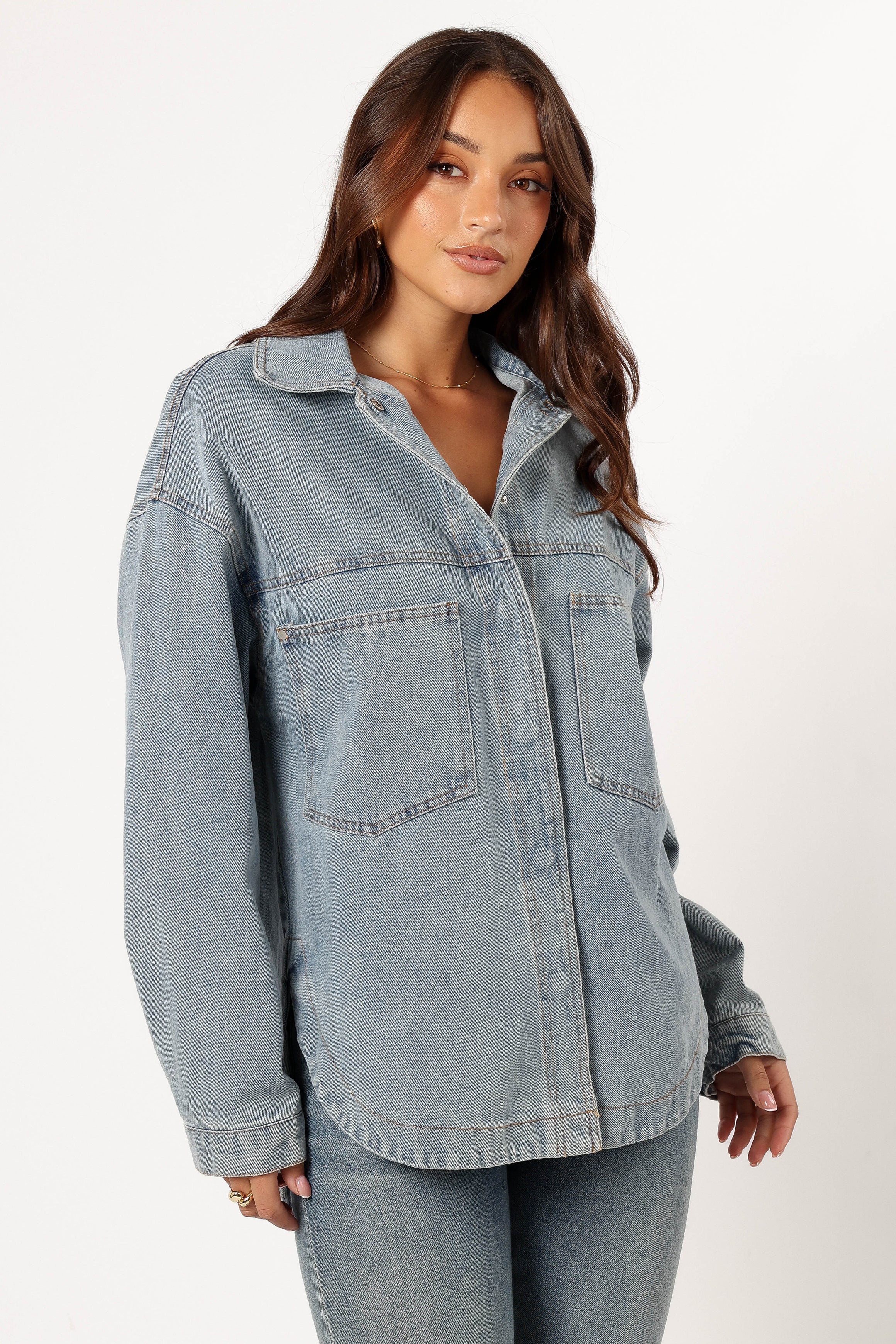 Cassie Oversized Denim Shacket Jacket for Women - Blue Distressed Denim Coat with Button Front - Perfect for Casual Outfits, Layering & Fall Fashion