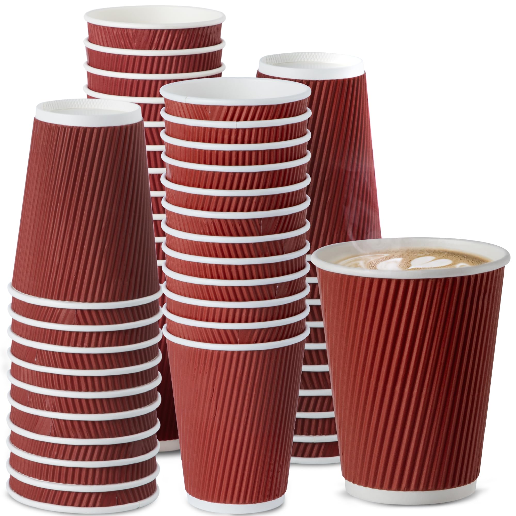50 Pack 12oz Red Disposable Coffee Cups - Triple Wall Insulated Hot Drink Cups for Coffee, Hot Chocolate & Tea | Corrugated Paper Travel Mugs for Home, Office, Cafes & Takeout | Leak-Proof Design (Lids Not Included)