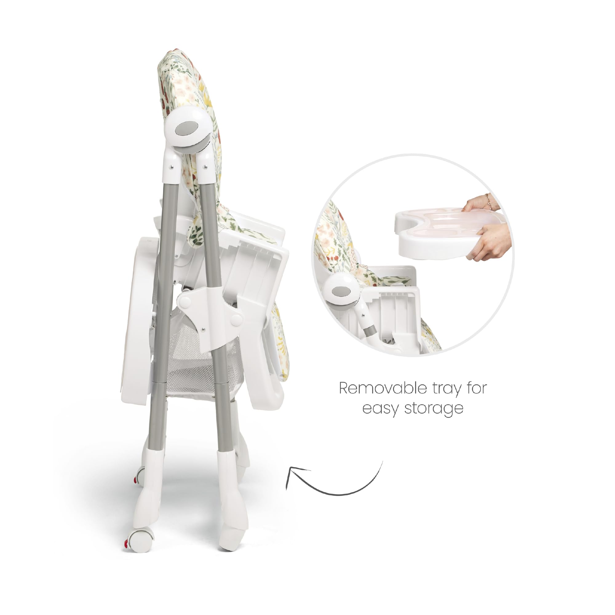Mamas & Papas Snax Adjustable High Chair with Reclining Seat, Foldable Design & Removable Tray - Fruit Garden Pattern | Baby Feeding Chair for Home, Restaurant & Travel Use
