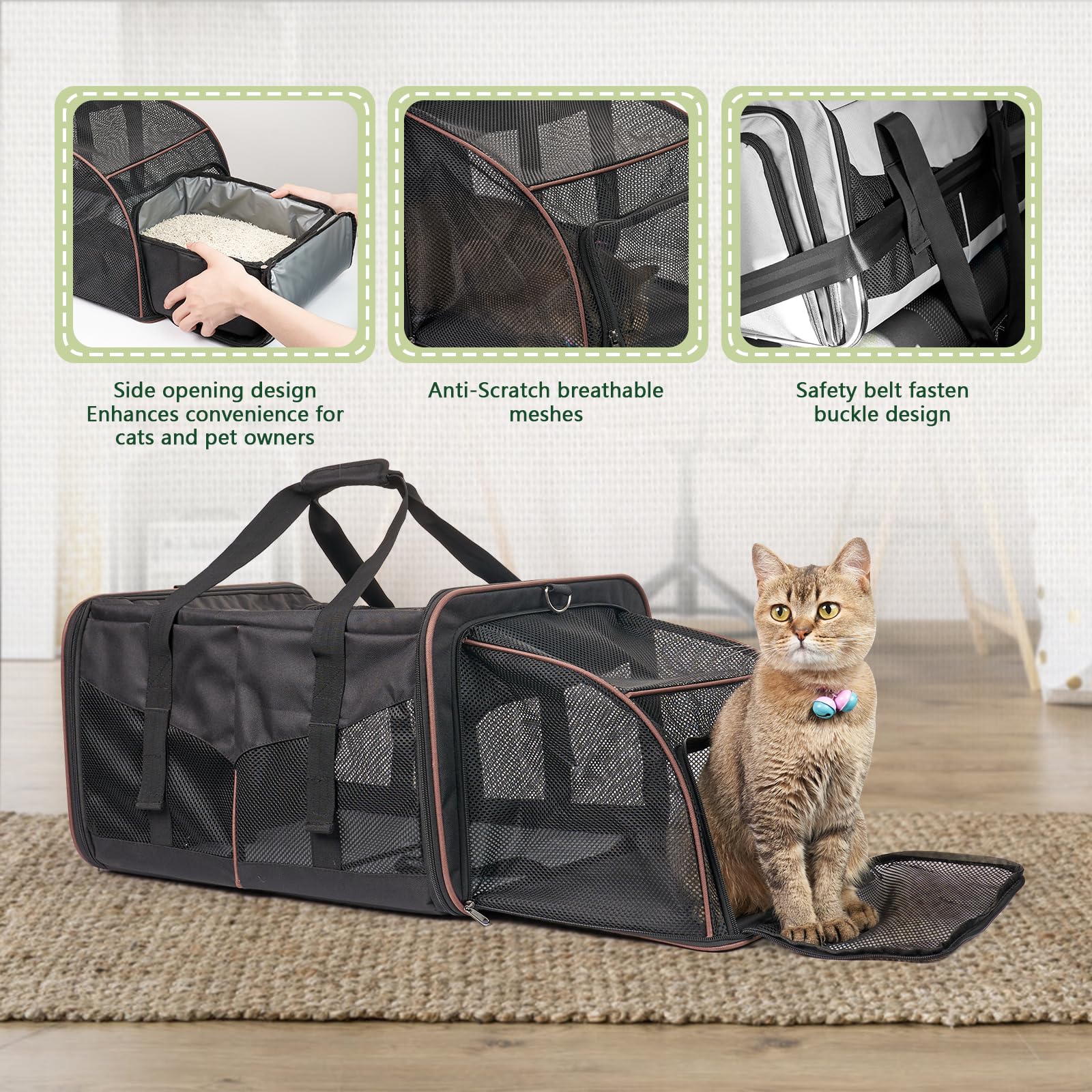 **Premium Double-Compartment Cat Travel Carrier with Built-in Litter Box – Soft, Expandable & Portable for 2 Cats (Up to 35 lbs) – Ideal for Road Trips, Camping, Hiking & Vet Visits – Black**
