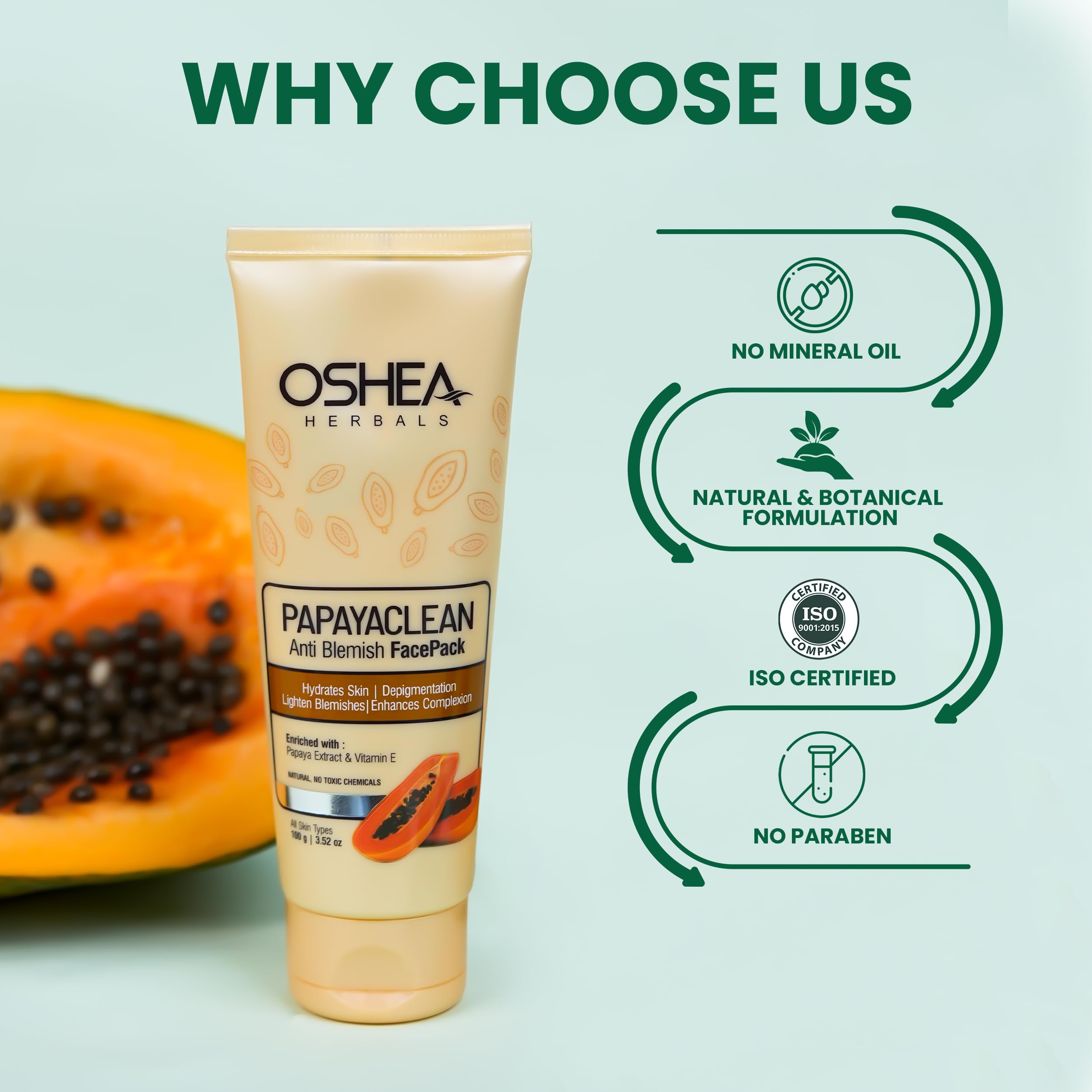 Oshea Herbals Papayaclean Anti Blemish Face Pack for All Skin Types | Hydrating & Brightening Facial Mask with Papaya Extract & Vitamin E | Reduces Dark Spots & Acne Scars | Perfect for Daily Skincare Routine & Spa Treatments - 100g