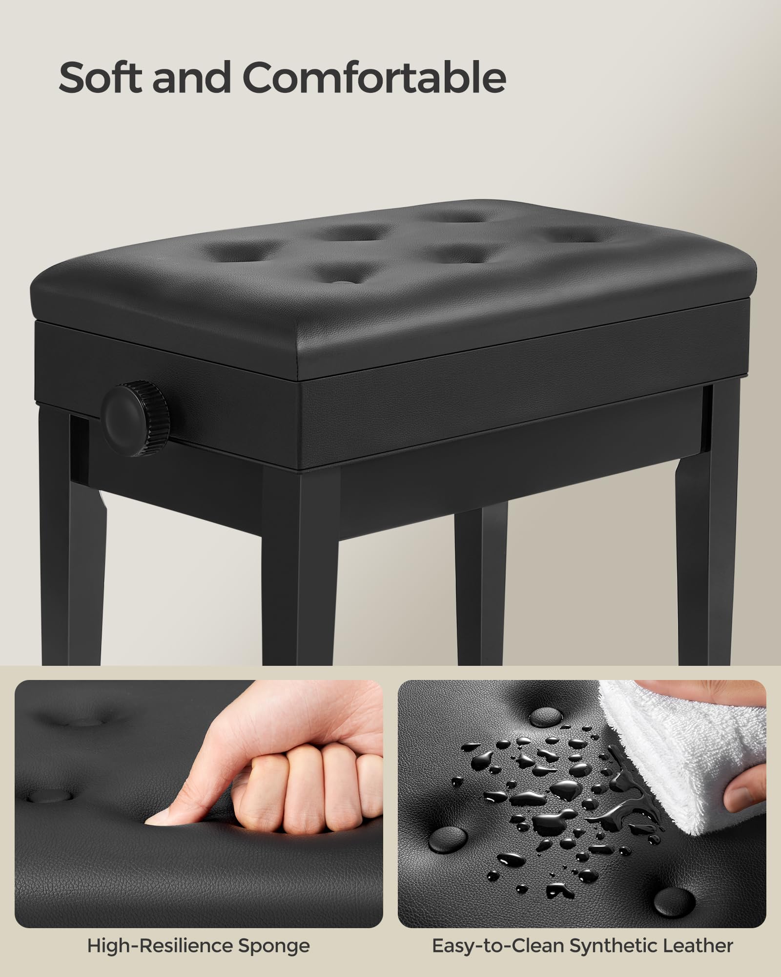 SONGMICS Adjustable Wooden Piano Bench Stool with Sheet Music Storage - Black ULPB57H | Comfortable Piano Seat for Home, Studio & Practice | Perfect for Pianists, Keyboard Players & Music Lovers