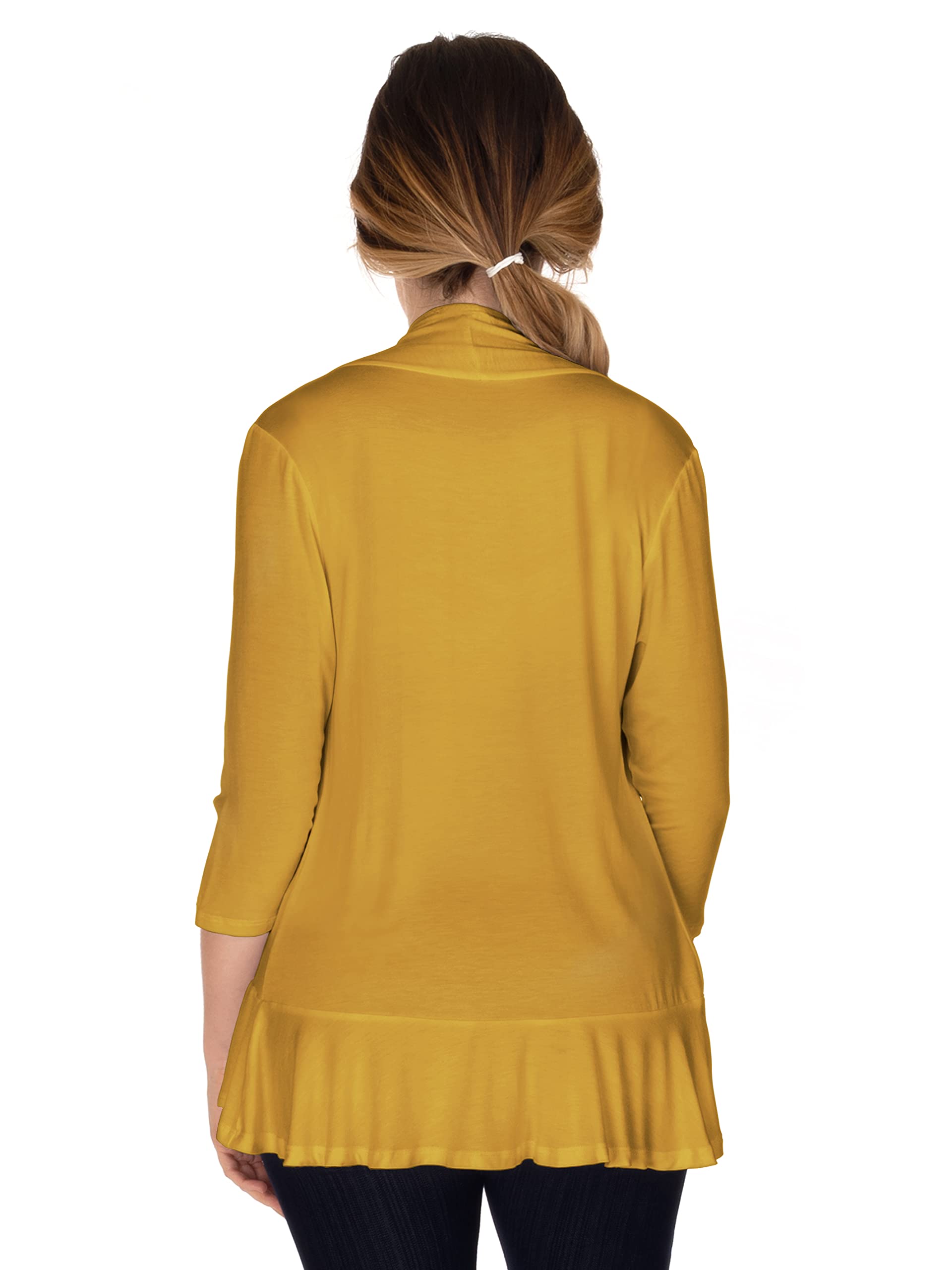 Women's Mustard 3/4 Sleeve Ruffle Cardigan Sweater - Large Size, Casual Fall Layering Piece for Office, Date Night & Autumn Outfits