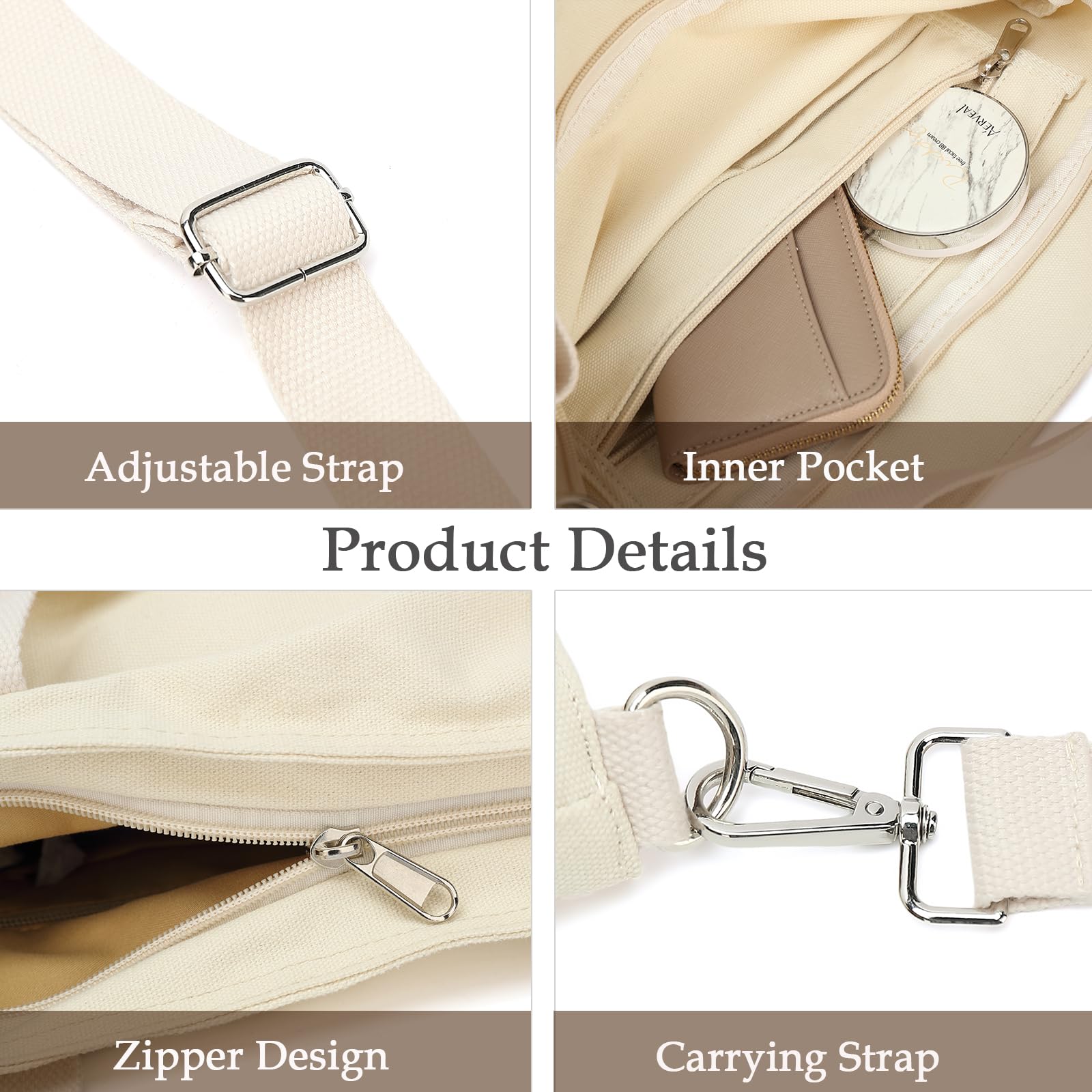 Stylish Canvas Tote Bag for Women - Durable Shoulder & Crossbody Bag with Zipper - Perfect for Casual Outings, Travel & Shopping
