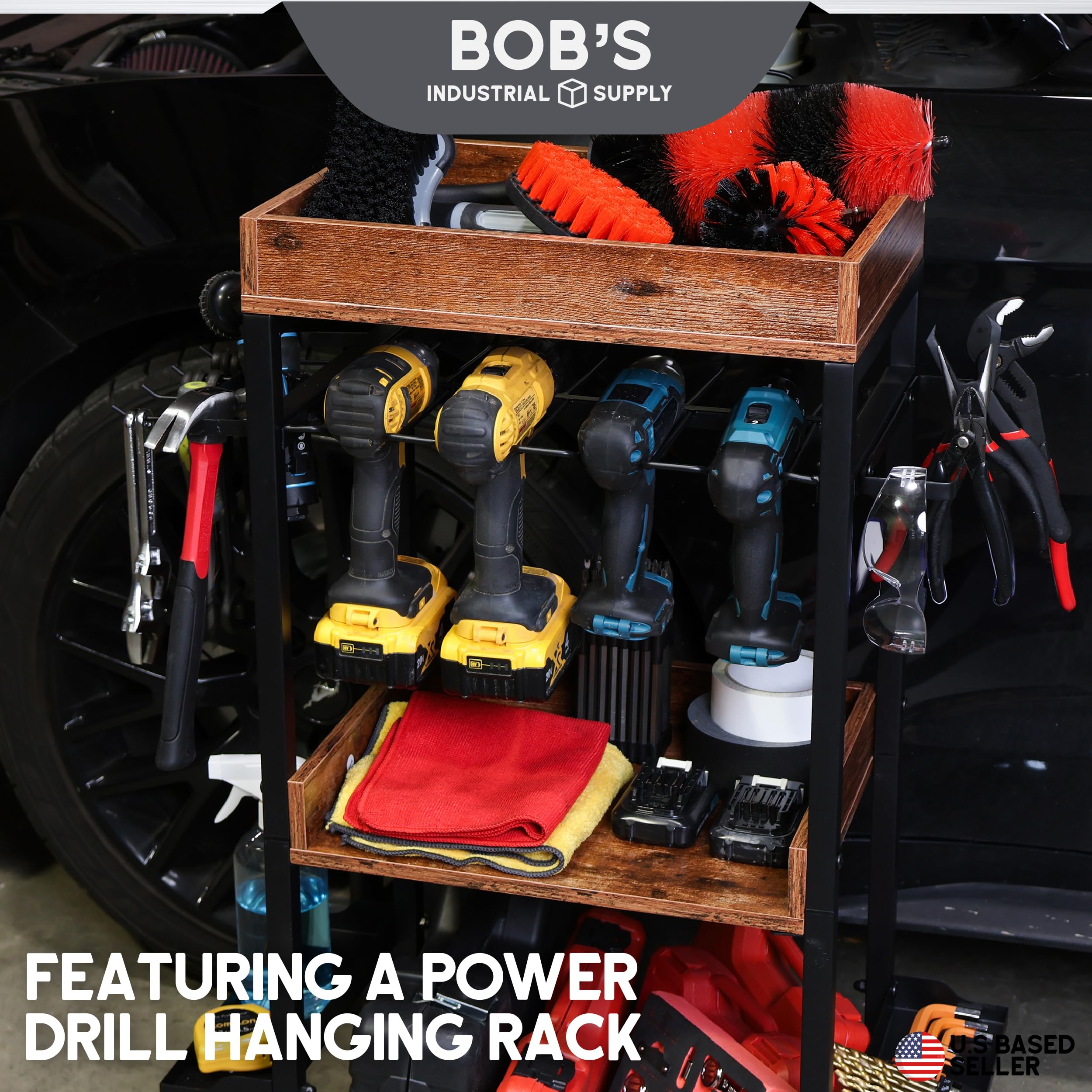 4-Tier Rolling Tool Cart with Drill Storage - Heavy Duty Garage Organizer for Power Tools & Accessories - Perfect for Workshop, Construction Site & DIY Projects