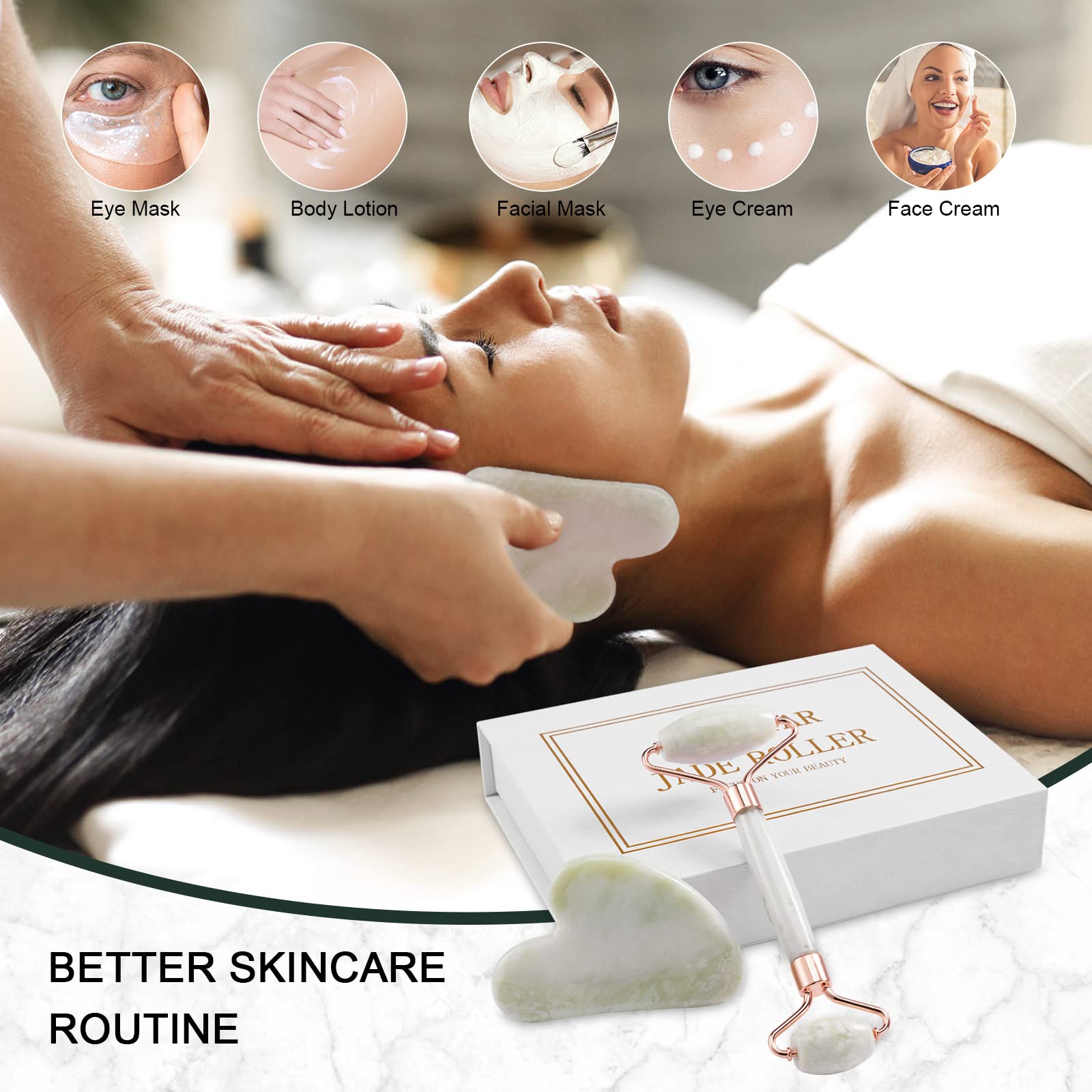Jade Roller & Gua Sha Set for Face & Neck Care - Reduce Puffiness & Relax Skin - Perfect for Skincare Routine