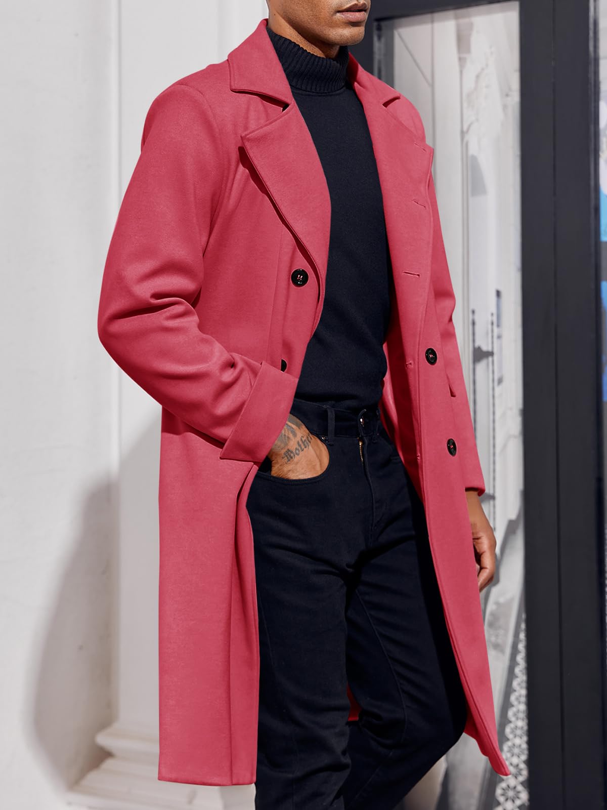 Ebifin Men's Notch Lapel Double Breasted Long Trench Coat | Casual Cotton Blend Peacoat Jacket for Fall & Winter | Perfect for Office, Dating & Formal Occasions