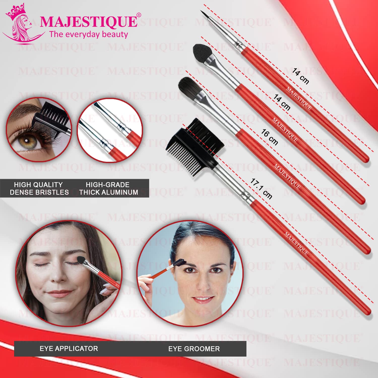 Majestique Professional Eye Makeup Brush Set - 4-Piece Synthetic Eyeliner, Eyeshadow & Grooming Kit for Women & Girls (Red/Silver) | Perfect for Daily Makeup, Salon Use & Travel