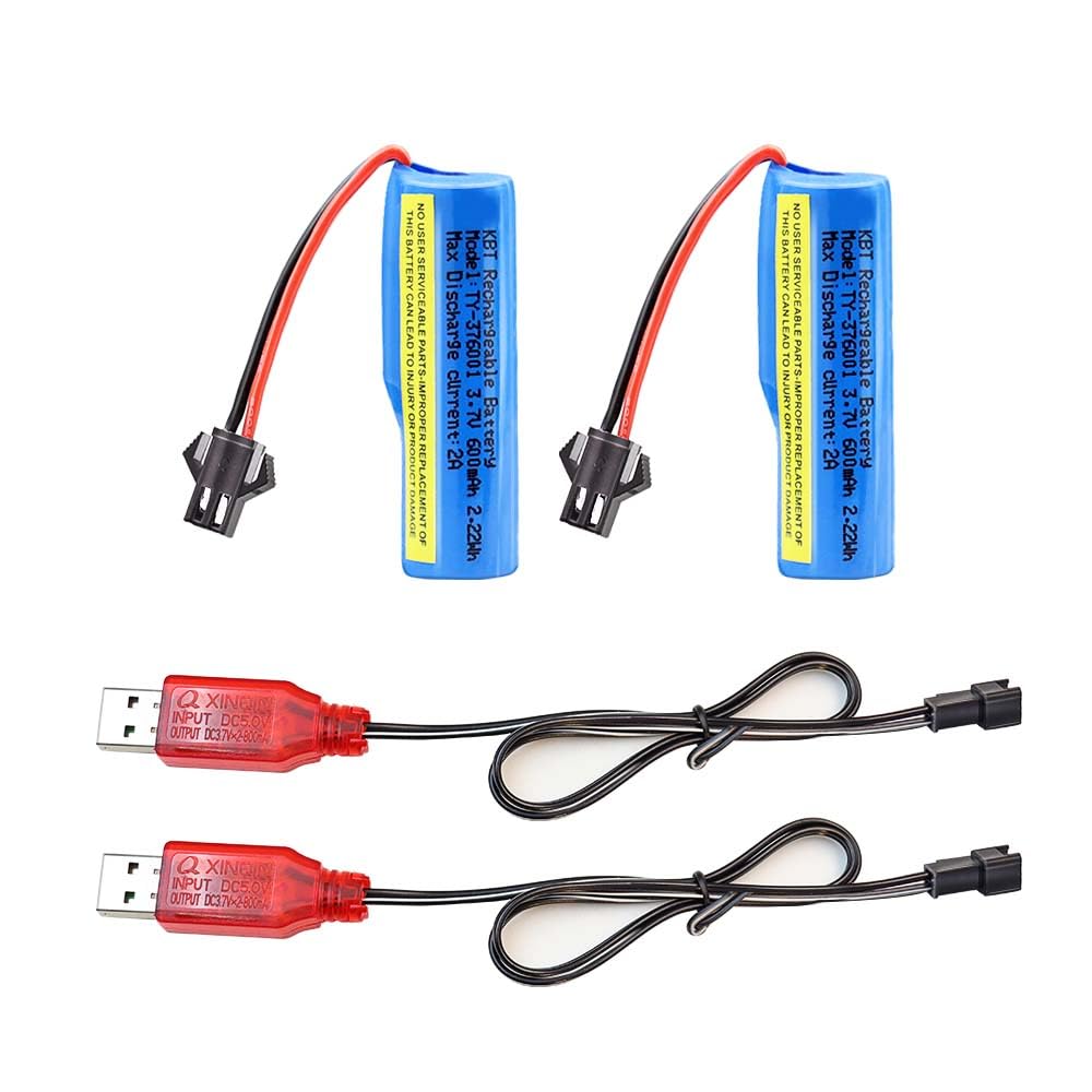 KBT 2 Pack 3.7V 600mAh Li-ion Rechargeable Battery with SM-2P Plug & Charger Cable - Compatible with RC Cars, Trucks, Boats, Stunt Cars - Perfect for Hobbyists and Remote Control Enthusiasts