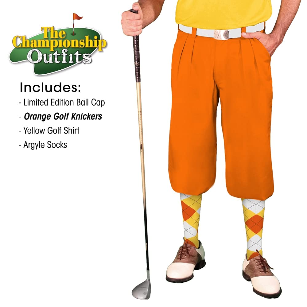 **Men's Orange Microfiber Golf Outfit Set - Limited Edition Ball Cap, Argyle Over-The-Calf Socks & Yellow Polo Shirt for Casual Wear & Sports**