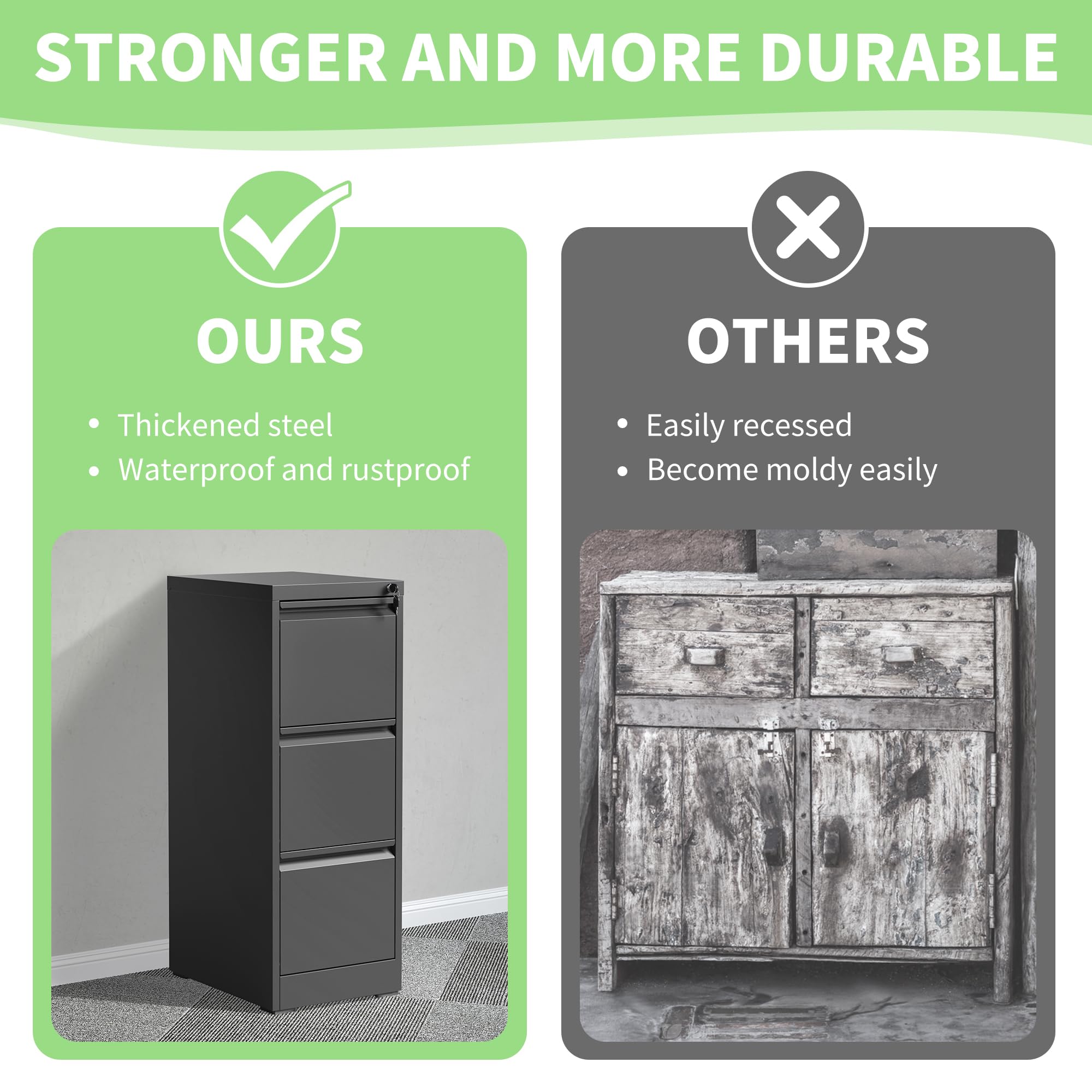 Heavy Duty 3-Drawer Metal File Cabinet with Lock - Steel Vertical Filing Cabinet for Legal & Letter Size Documents | Home Office Organization & Document Storage Solution