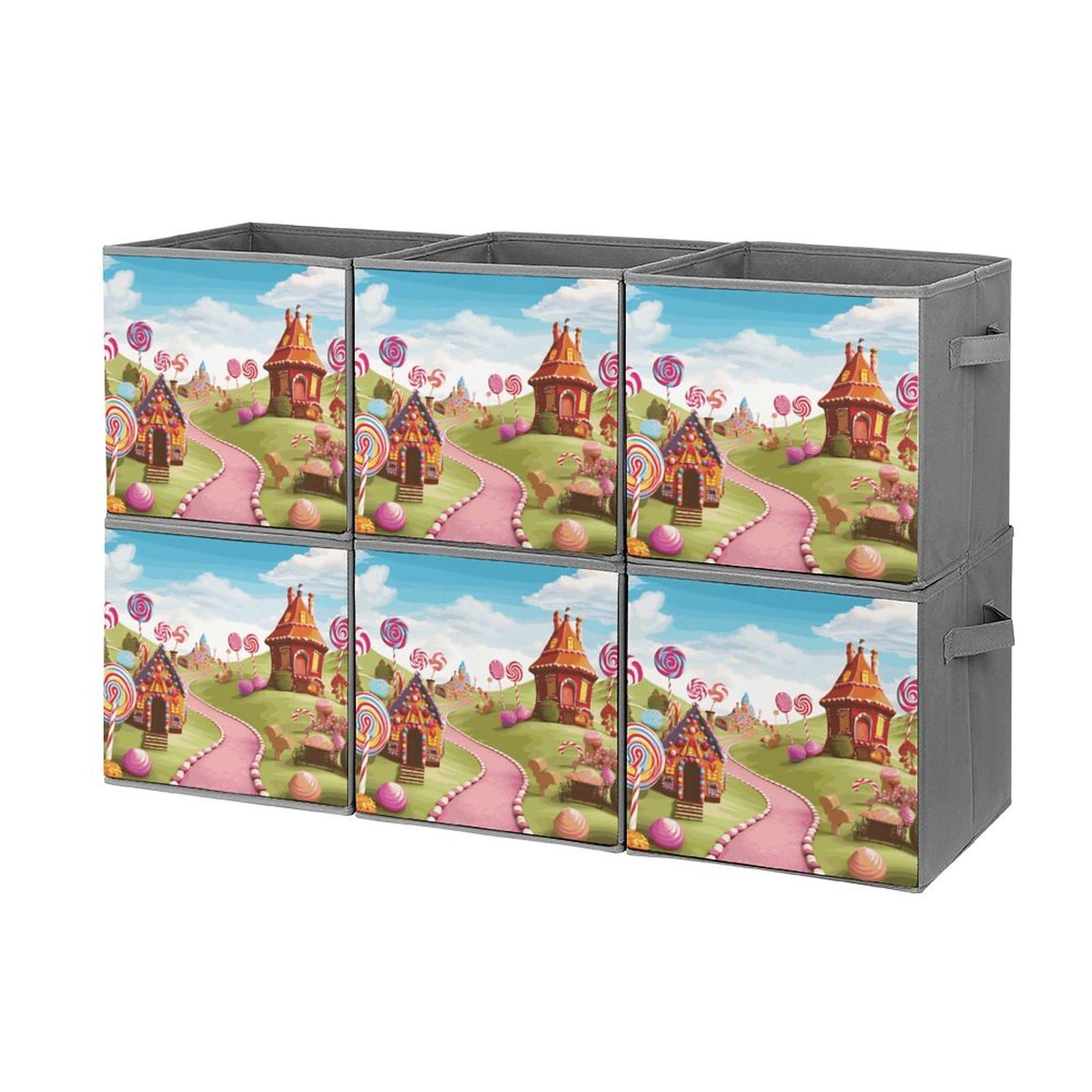 6-Piece Foldable Storage Bins with Handles - Candy Land Printed Large Capacity Storage Boxes for Playroom, Office & Home Organization | Perfect for Toys, Books & Clutter Control